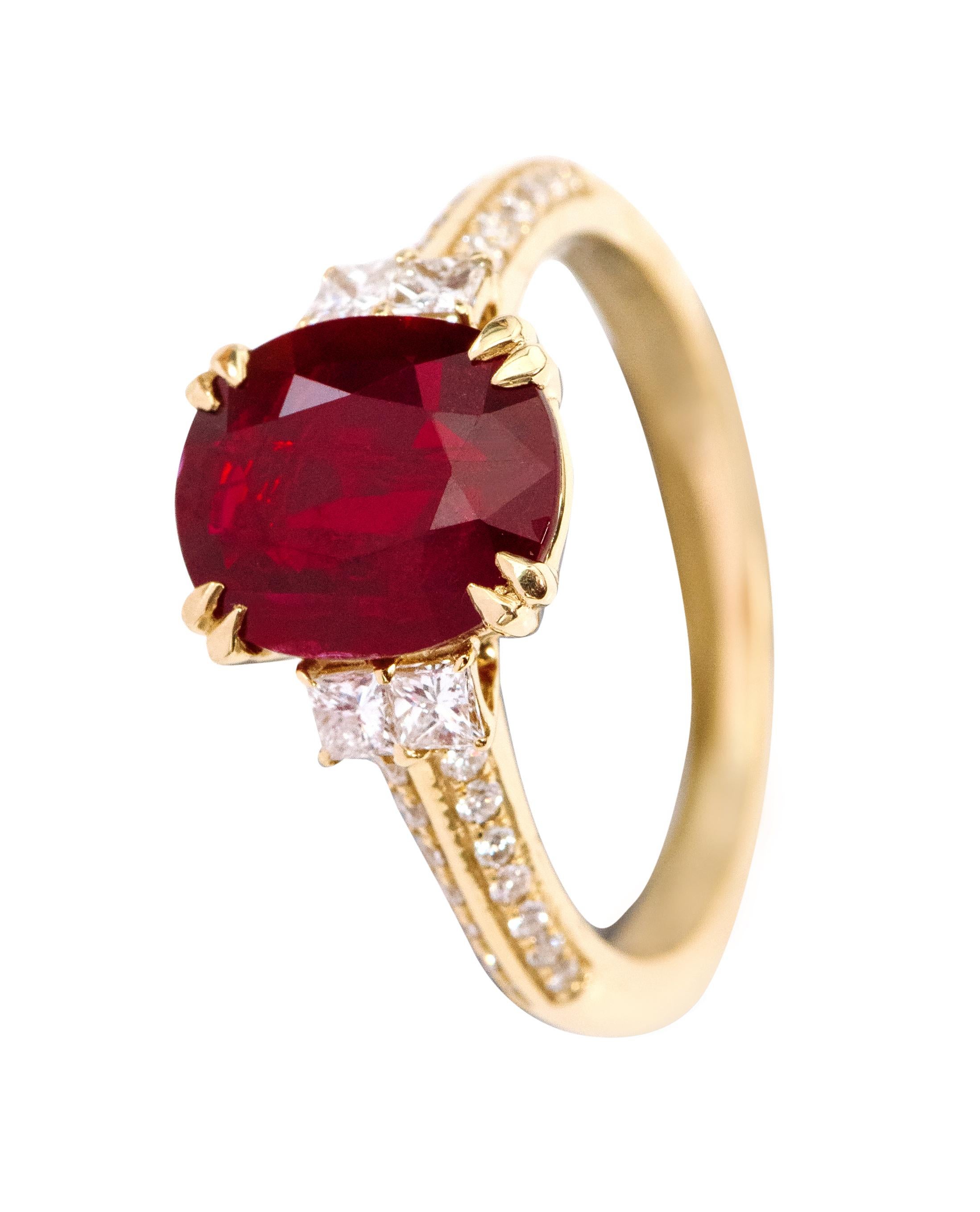 Oval Cut 18 Karat Yellow Gold 2.70 Carat Oval-Cut Ruby and Diamond Solitaire Ring For Sale