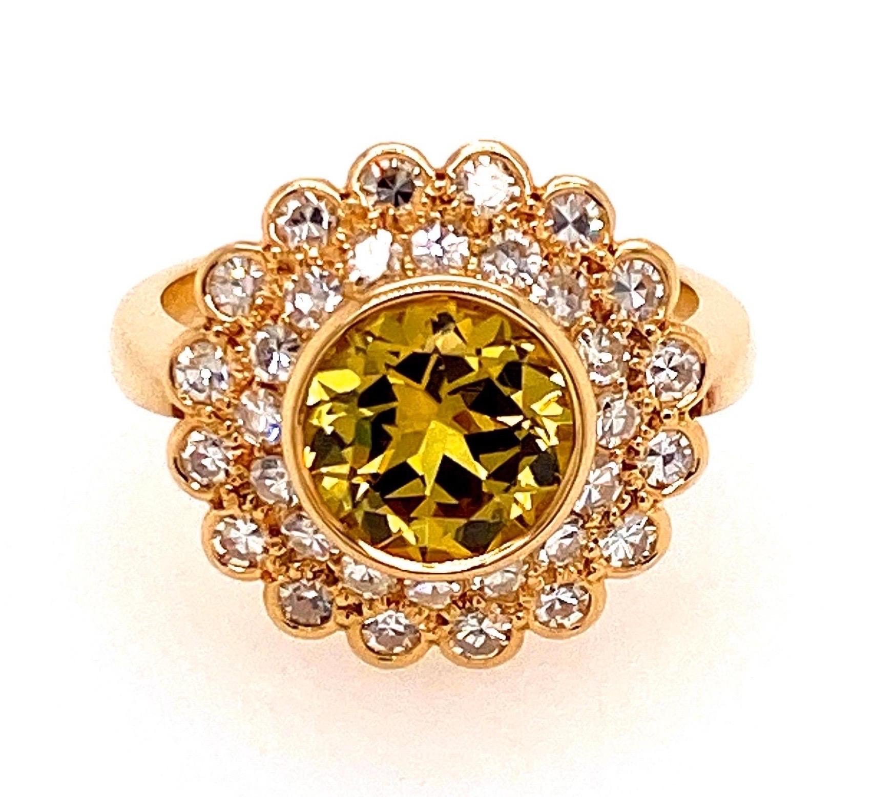 Round Cut 18 Karat Yellow Gold 2.95 Carat Yellow Sapphire Diamond Double Cluster Ring For Sale