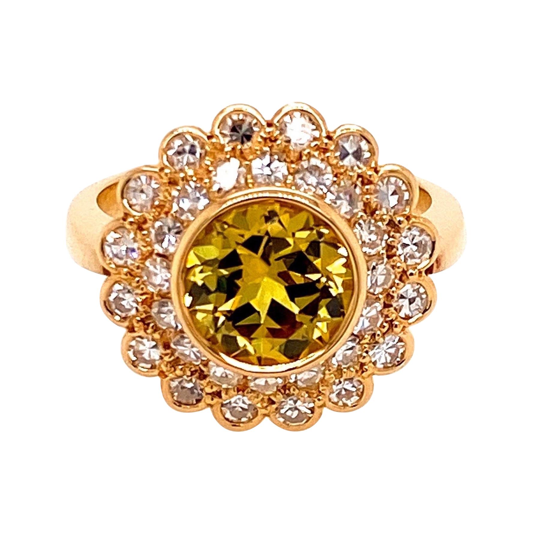 18 Karat Yellow Gold 2.95 Carat Yellow Sapphire Diamond Double Cluster Ring For Sale