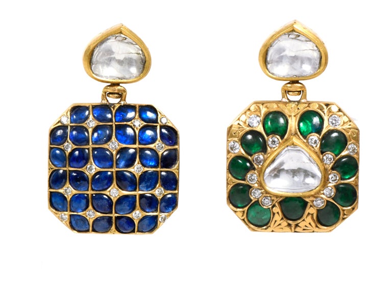 18 Karat Yellow Gold 29.90 Carat Diamond, Emerald, and Sapphire Dangle Earrings For Sale 1