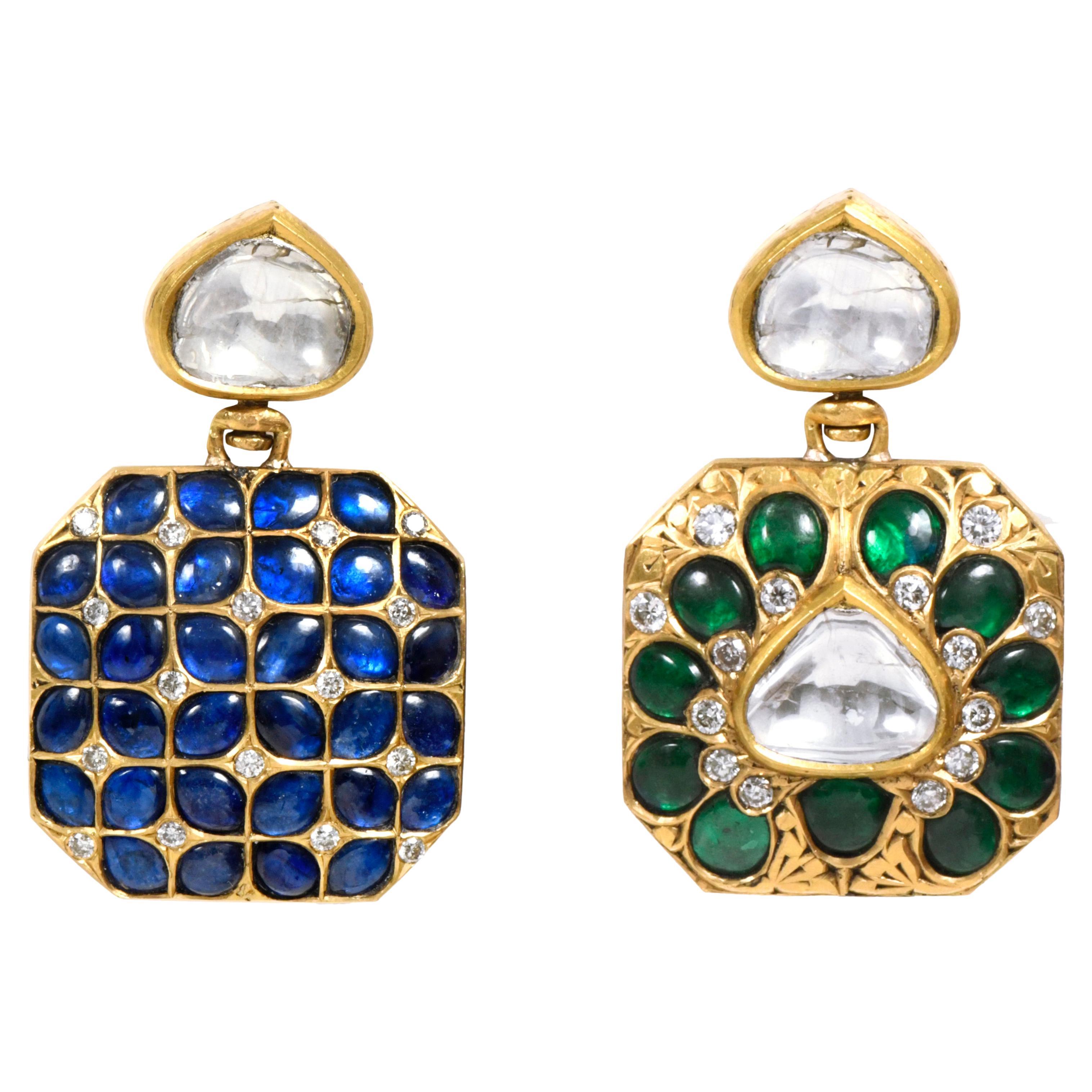 18 Karat Yellow Gold 29.90 Carat Diamond, Emerald, and Sapphire Dangle Earrings