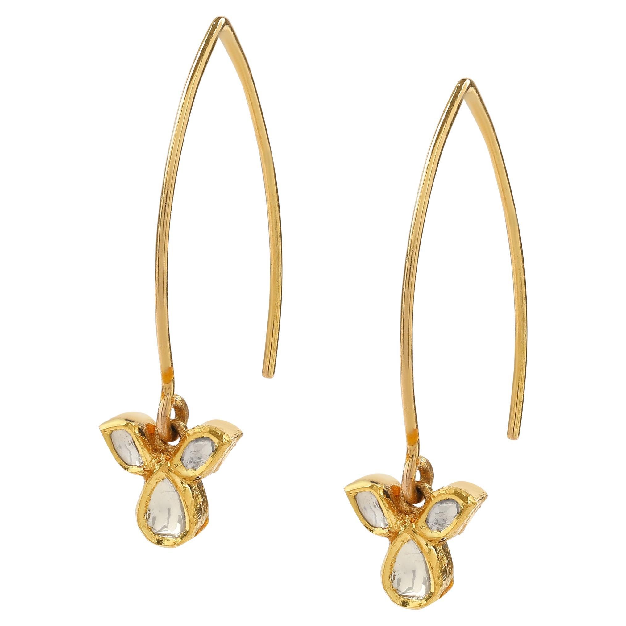 18 Karat Yellow Gold 3 Petal Hook Earrings with Uncut Diamonds For Sale