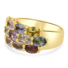 18 Karat Yellow Gold 3-Row Multi-Color Oval Cut Sapphire Ring