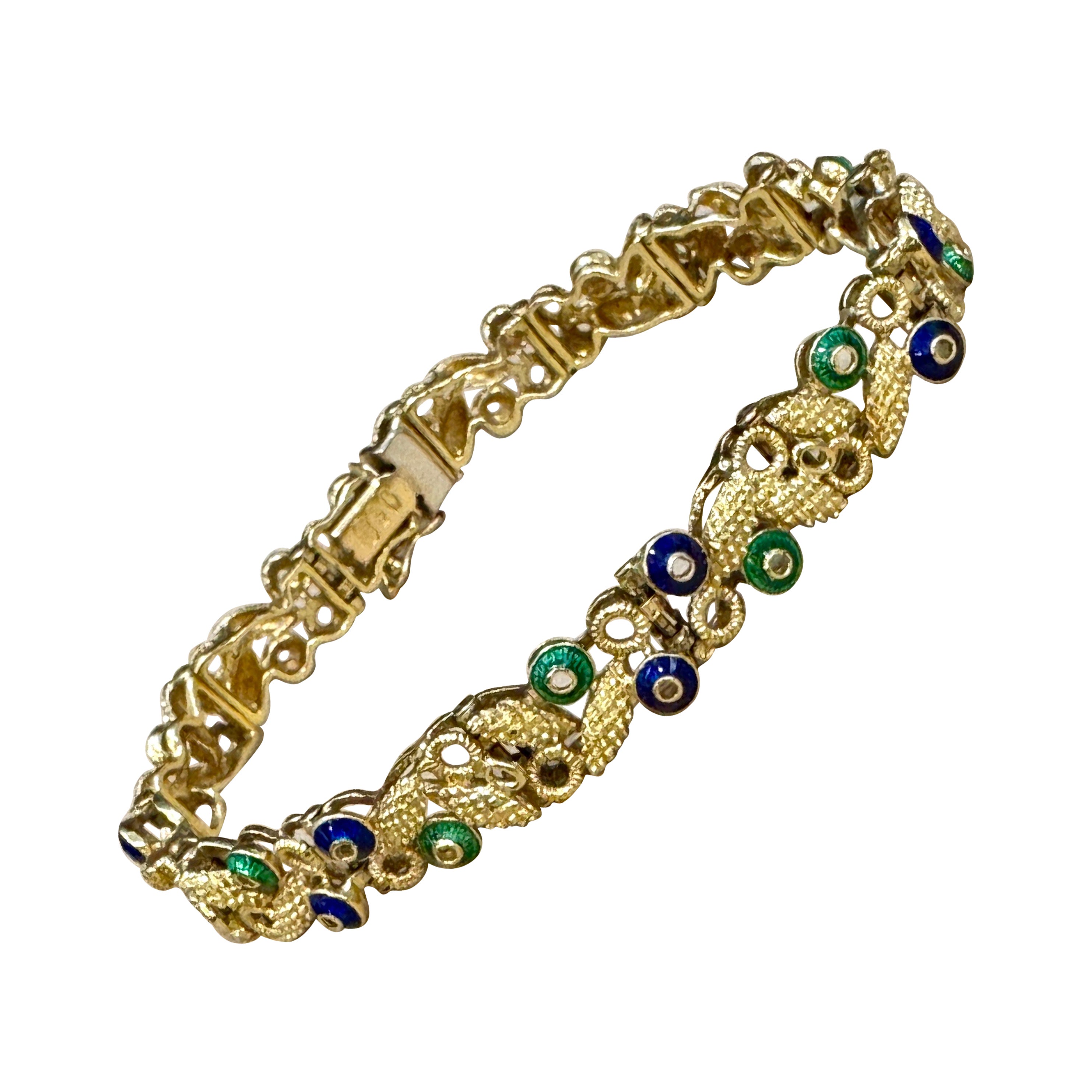 Or jaune 18 carats 30 grammes avec émail vert et bleu  Bracelet, 8 pouces de long en vente