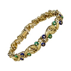 Or jaune 18 carats 30 grammes avec émail vert et bleu  Bracelet, 8 pouces de long