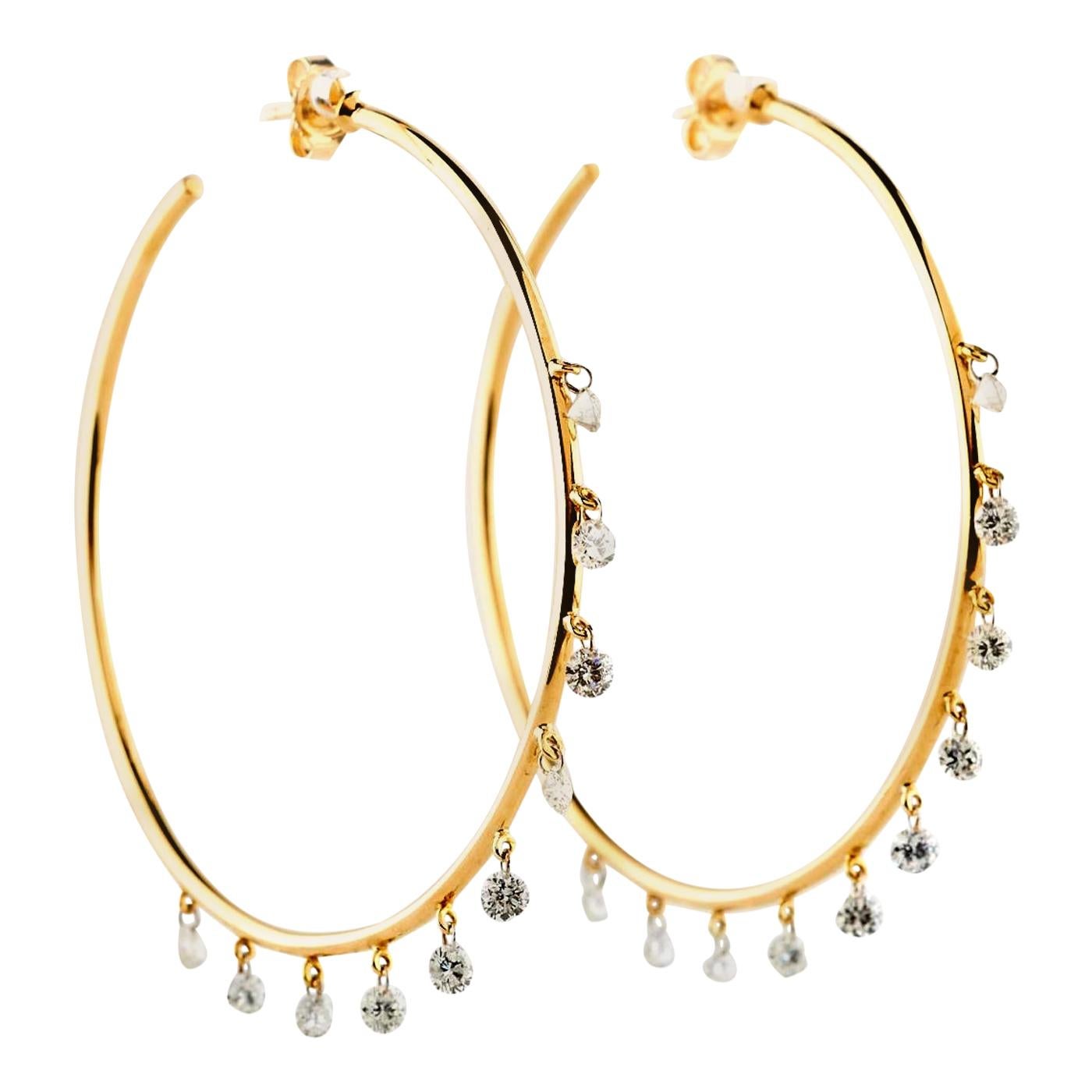 18 Karat Yellow Gold 3.00 Carat 20 Diamond Stones Outside Hoop Earrings 10.85g For Sale