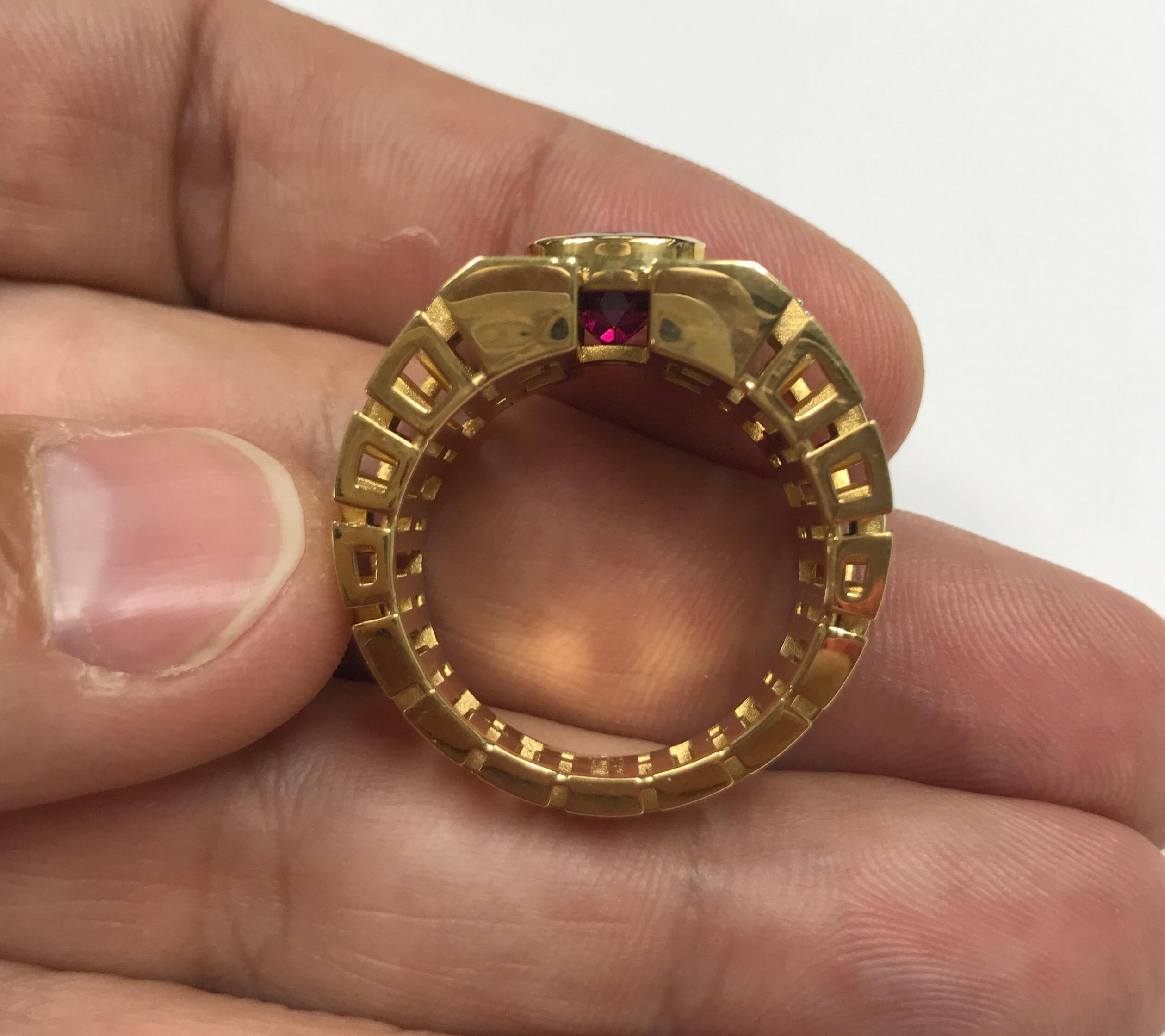 Men's 18 Karat Yellow Gold 3.04 Carat Rubelite Tourmaline Diamond Male Ring