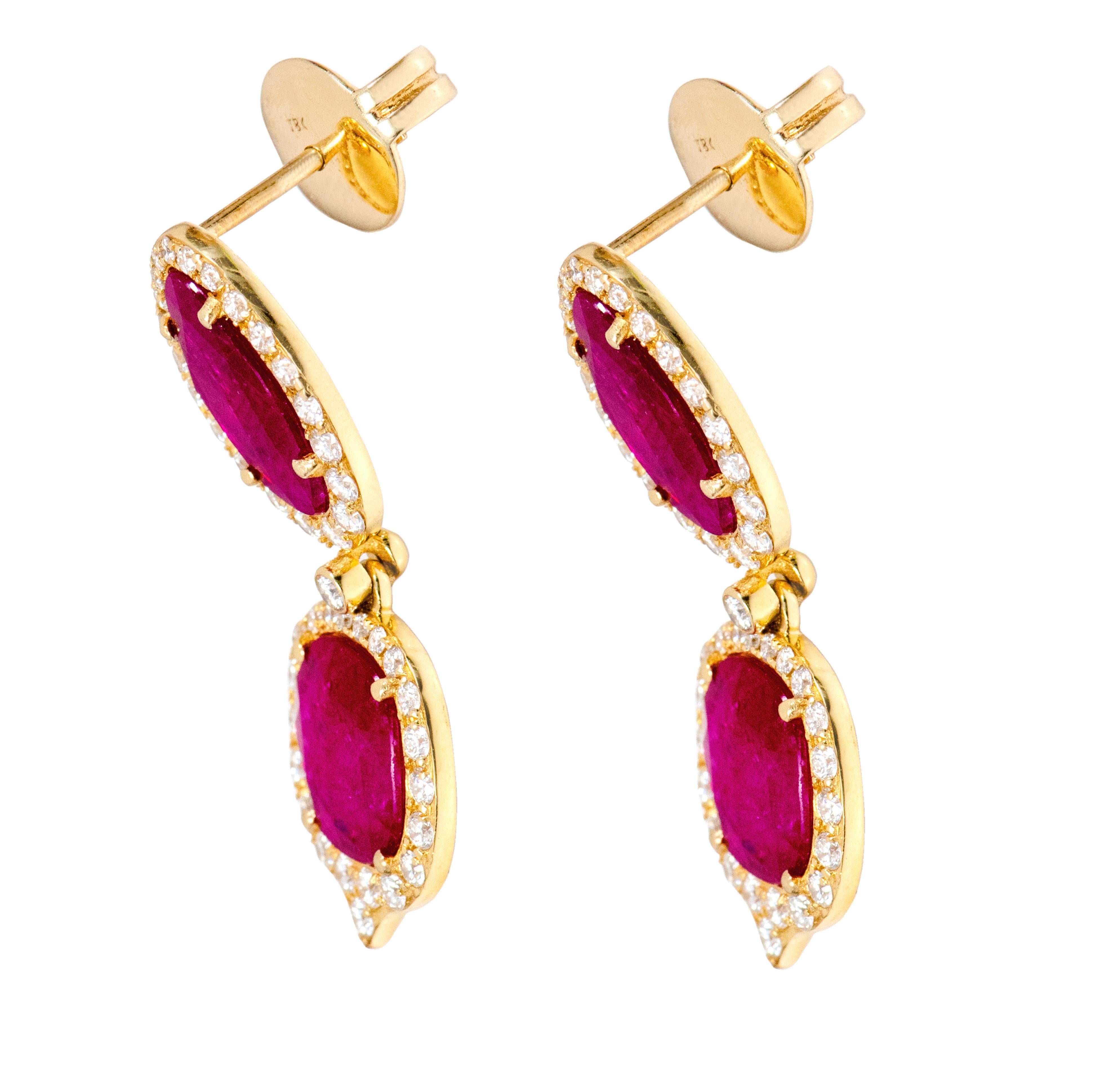 Rose Cut 18 Karat Yellow Gold 3.12 Carat Ruby and Diamond Drop Earrings For Sale