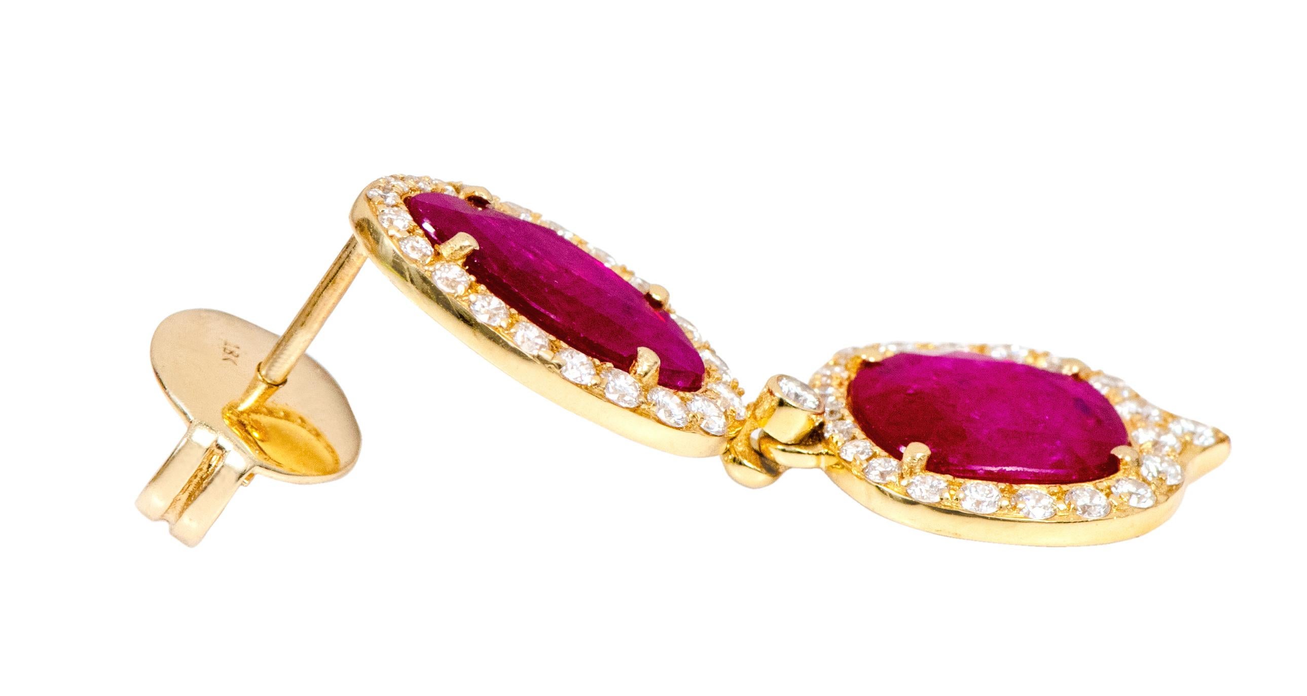 Women's 18 Karat Yellow Gold 3.12 Carat Ruby and Diamond Drop Earrings For Sale