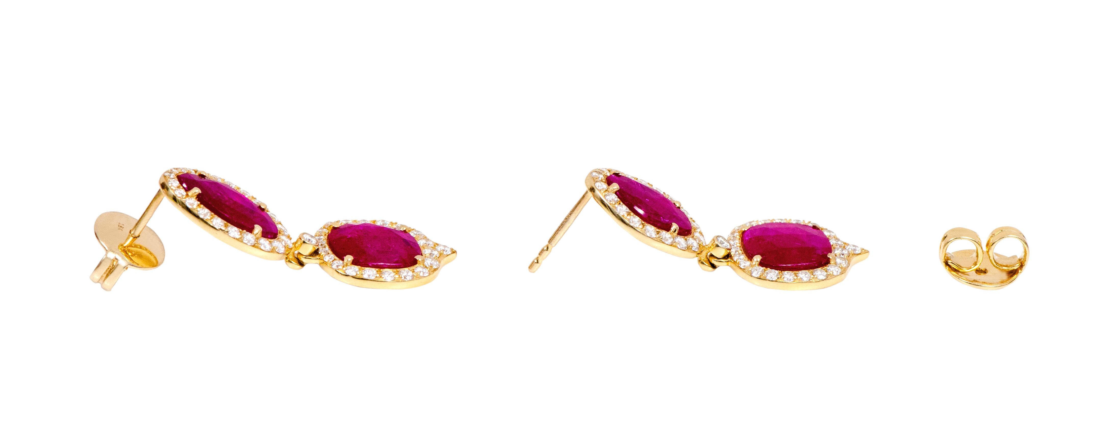 18 Karat Yellow Gold 3.12 Carat Ruby and Diamond Drop Earrings For Sale 1