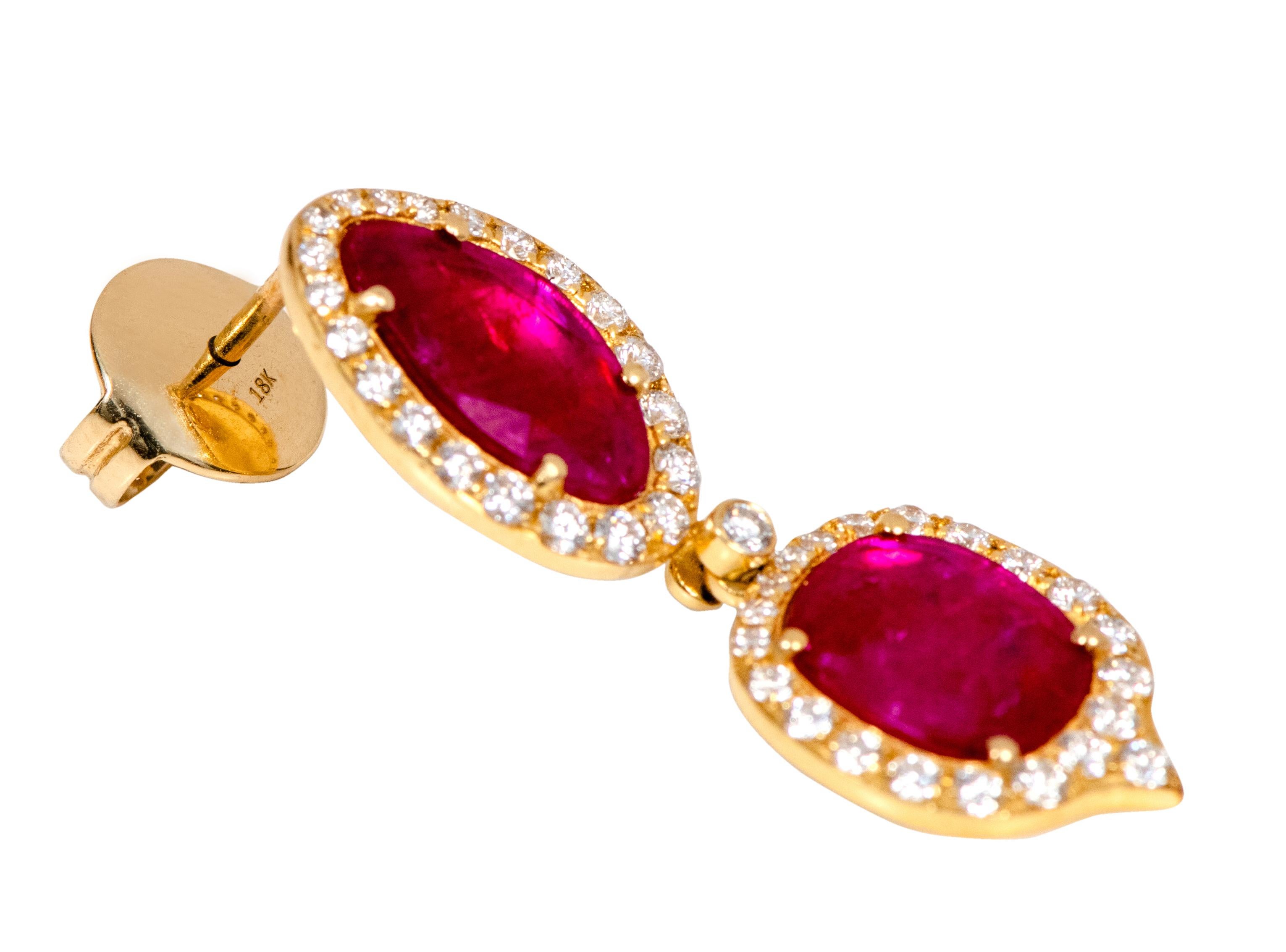 18 Karat Yellow Gold 3.12 Carat Ruby and Diamond Drop Earrings For Sale 3
