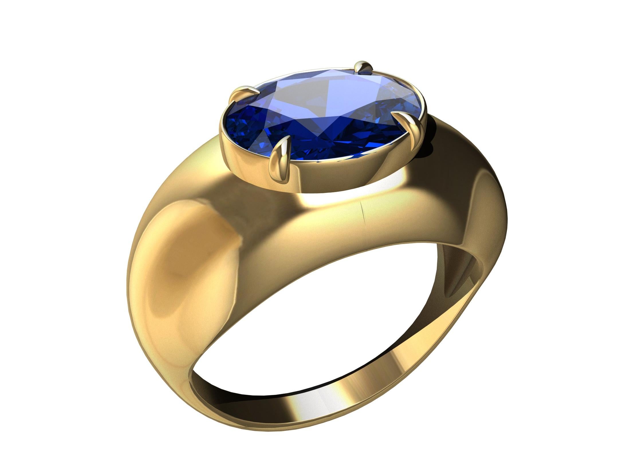 For Sale:  18 Karat Yellow Gold 3.15 Carat  Blue Sapphire Dome Ring 5
