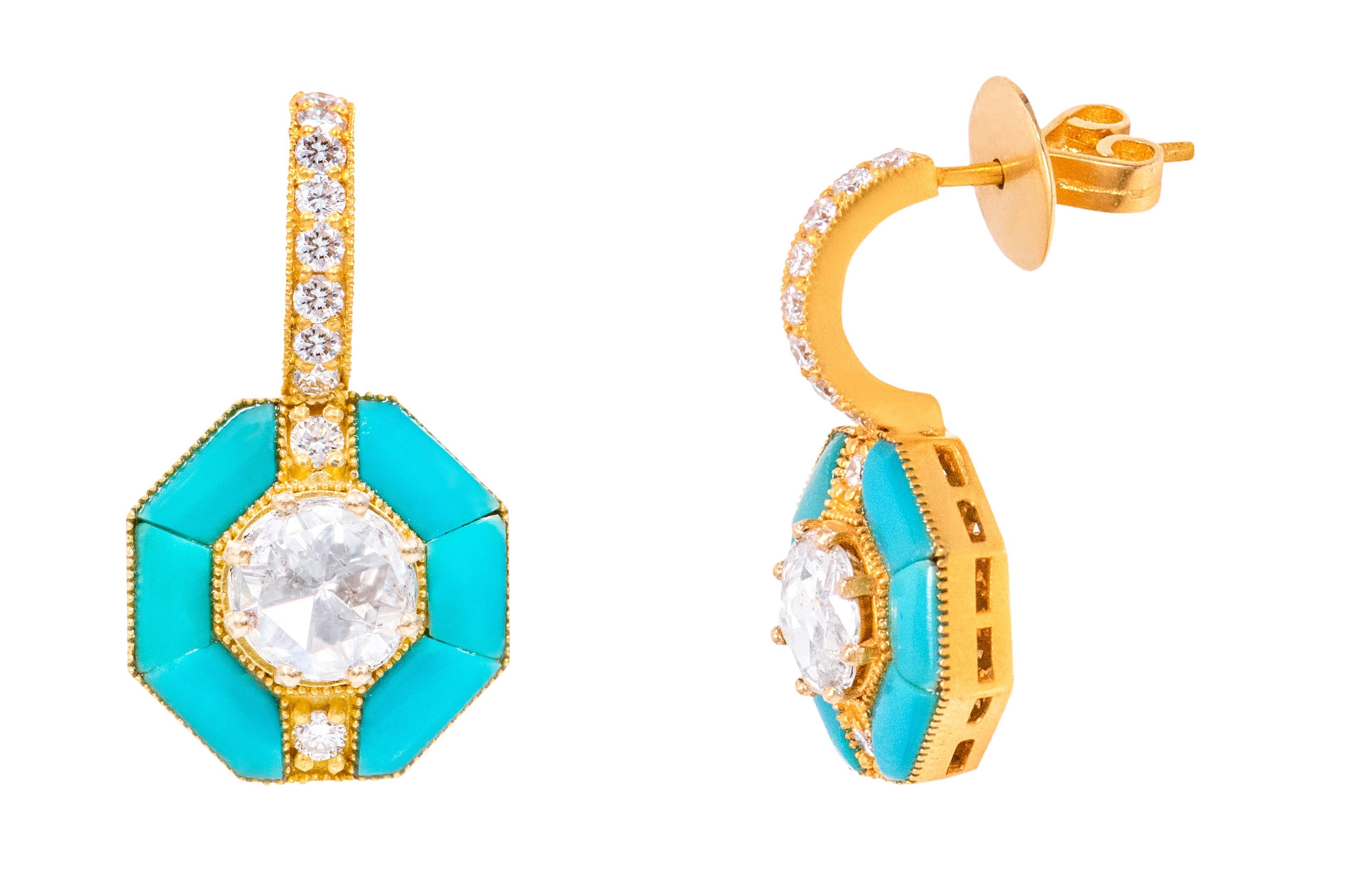 18 Karat Yellow Gold 3.55 Carat Solitaire Diamond and Turquoise Drop Earrings

This ingenious turquoise and rose cut diamond earring is sensational. The solitaire rose cut round diamond in the center is held tightly in the 8-prong setting and is