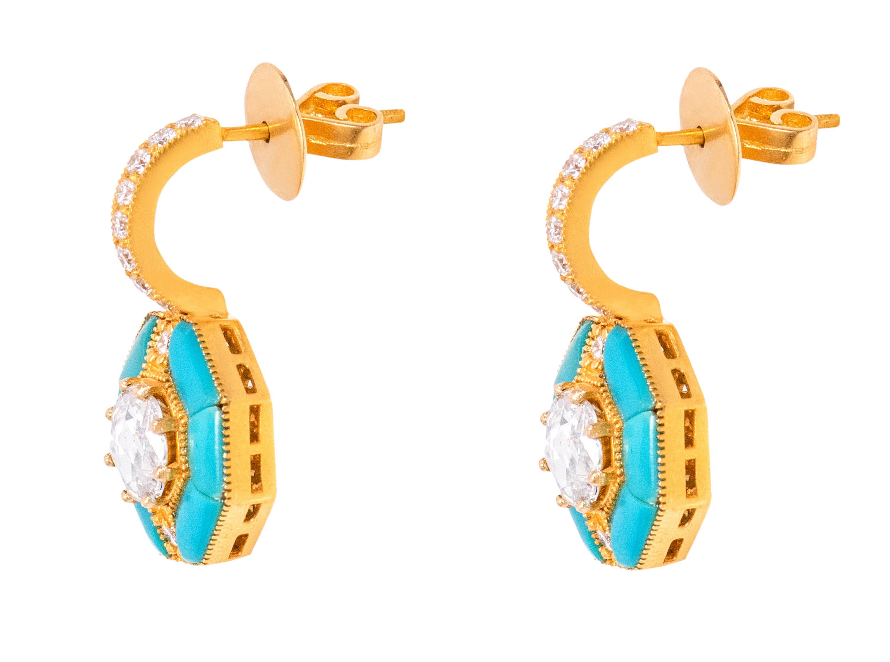 Cabochon 18 Karat Yellow Gold 3.55 Carat Solitaire Diamond and Turquoise Drop Earrings For Sale