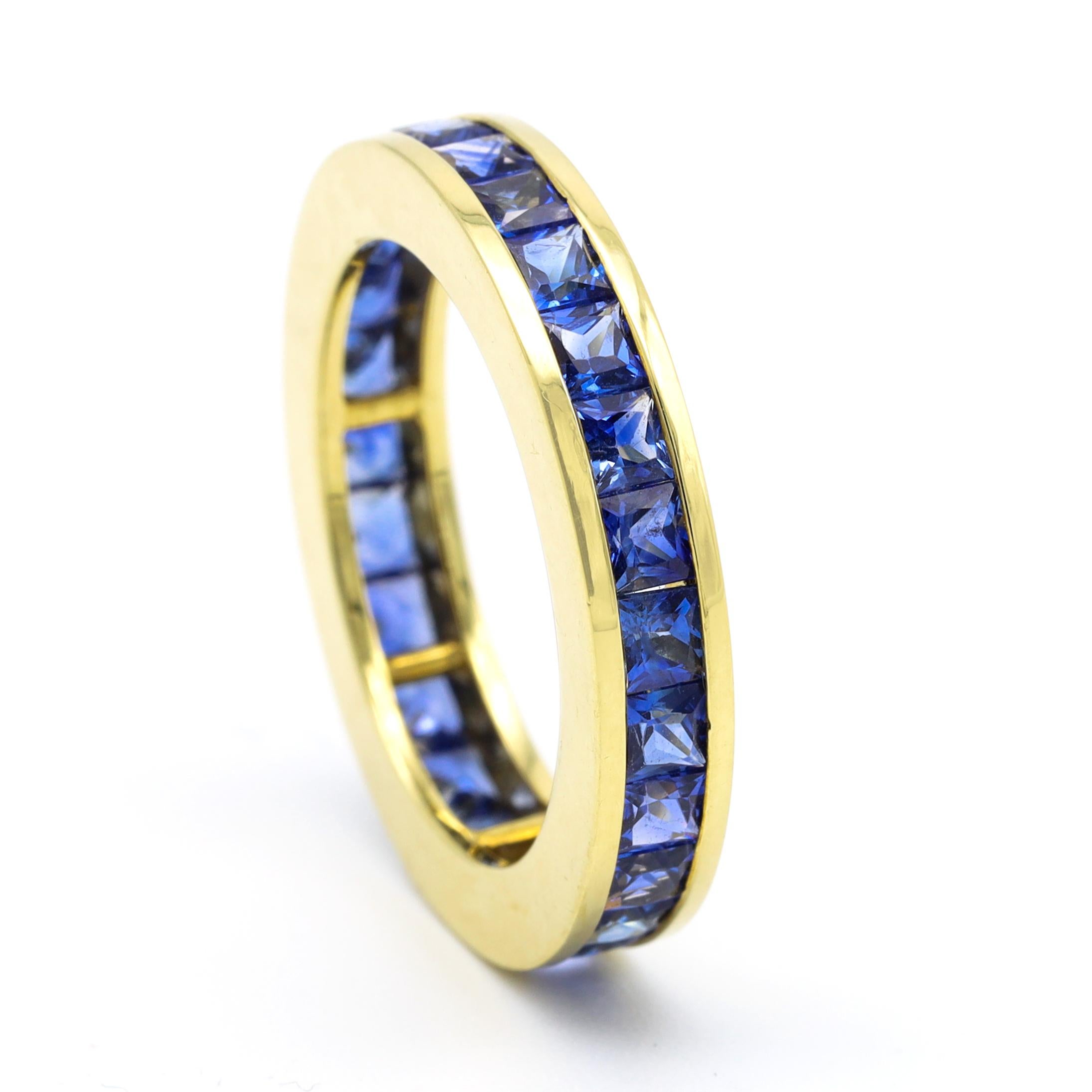 Women's or Men's 18 Karat Yellow Gold 3.64 Carat Sapphire Princess-Cut Full Band Eternity Ring For Sale