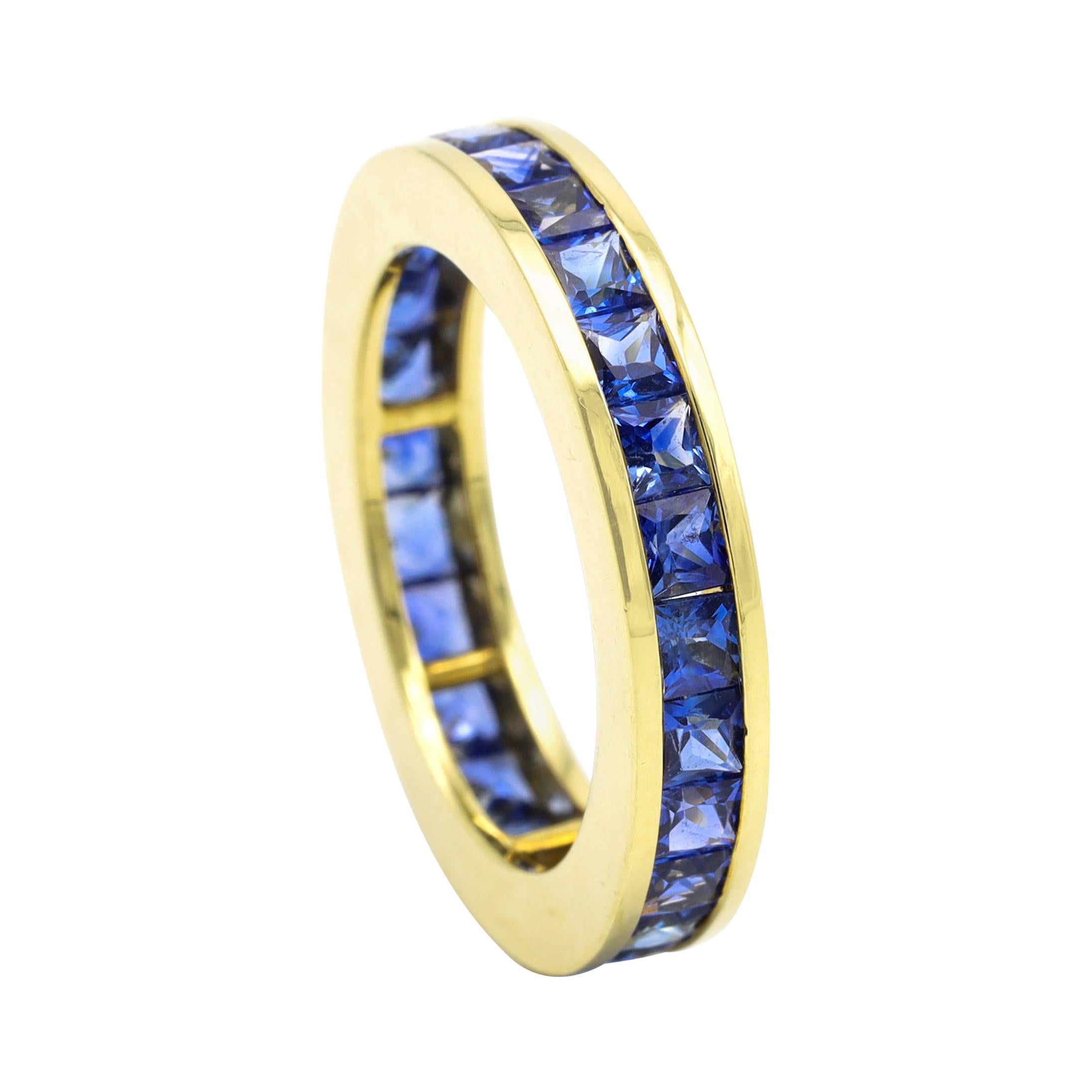 18 Karat Yellow Gold 3.64 Carat Sapphire Princess-Cut Full Band Eternity Ring For Sale