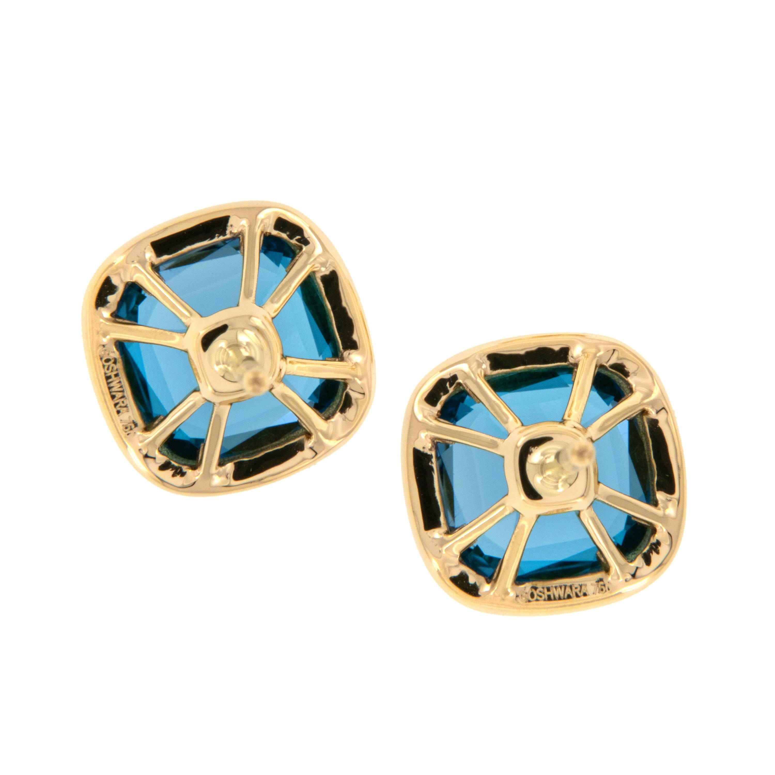 Taille coussin Bague Manhattan en or jaune 18 carats avec topaze bleue de Londres de 3,72 carats Goshwara en vente