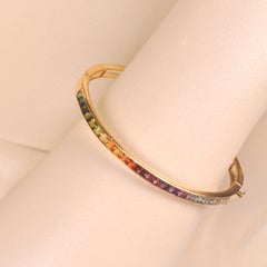 18 Karat Yellow Gold 3MM Square Channel-set Rainbow Gemstone Pride Cuff Bracelet