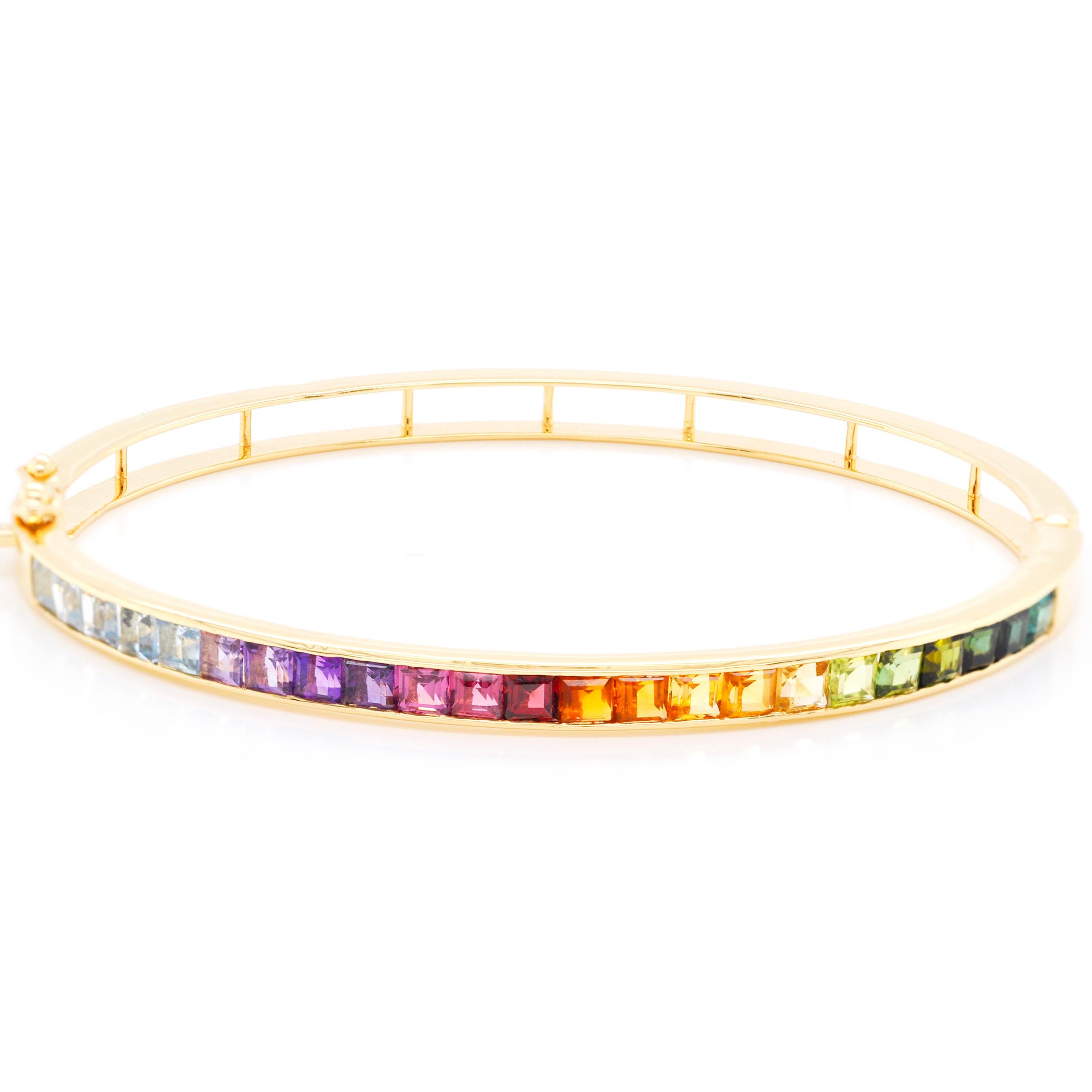Contemporary 18 Karat Yellow Gold 3MM Square Channel-set Multicolor Rainbow Gemstone Bracelet For Sale