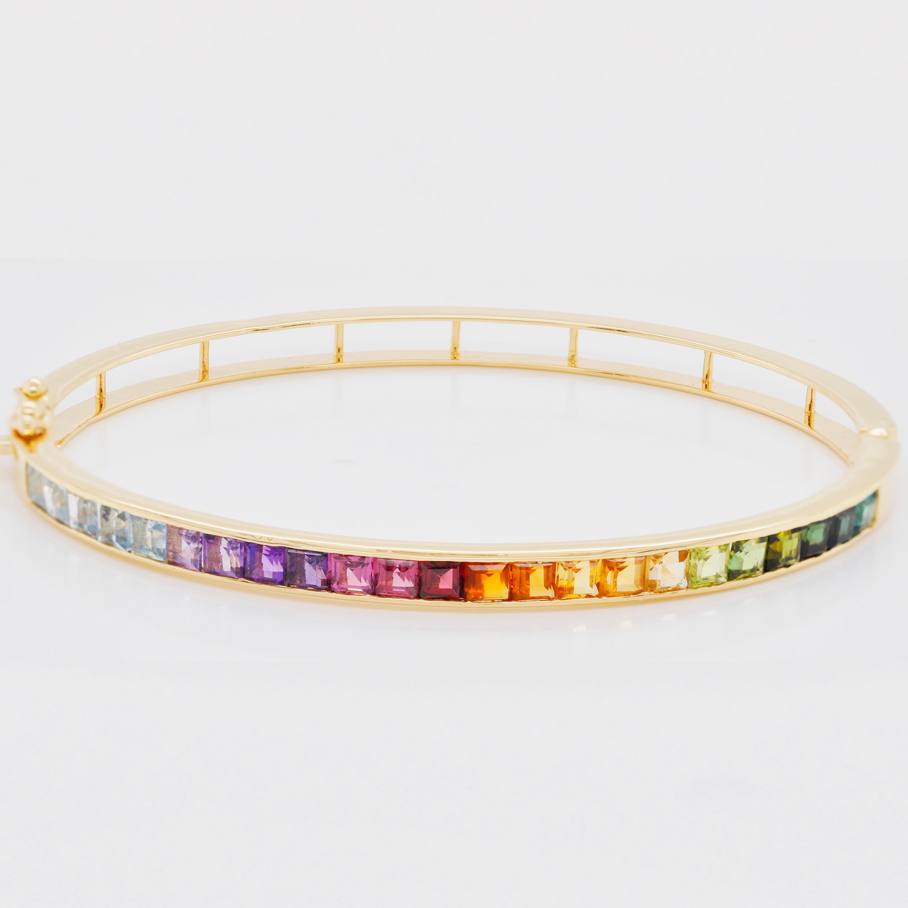 Square Cut 18 Karat Yellow Gold 3MM Square Channel-set Multicolor Rainbow Gemstone Bracelet For Sale