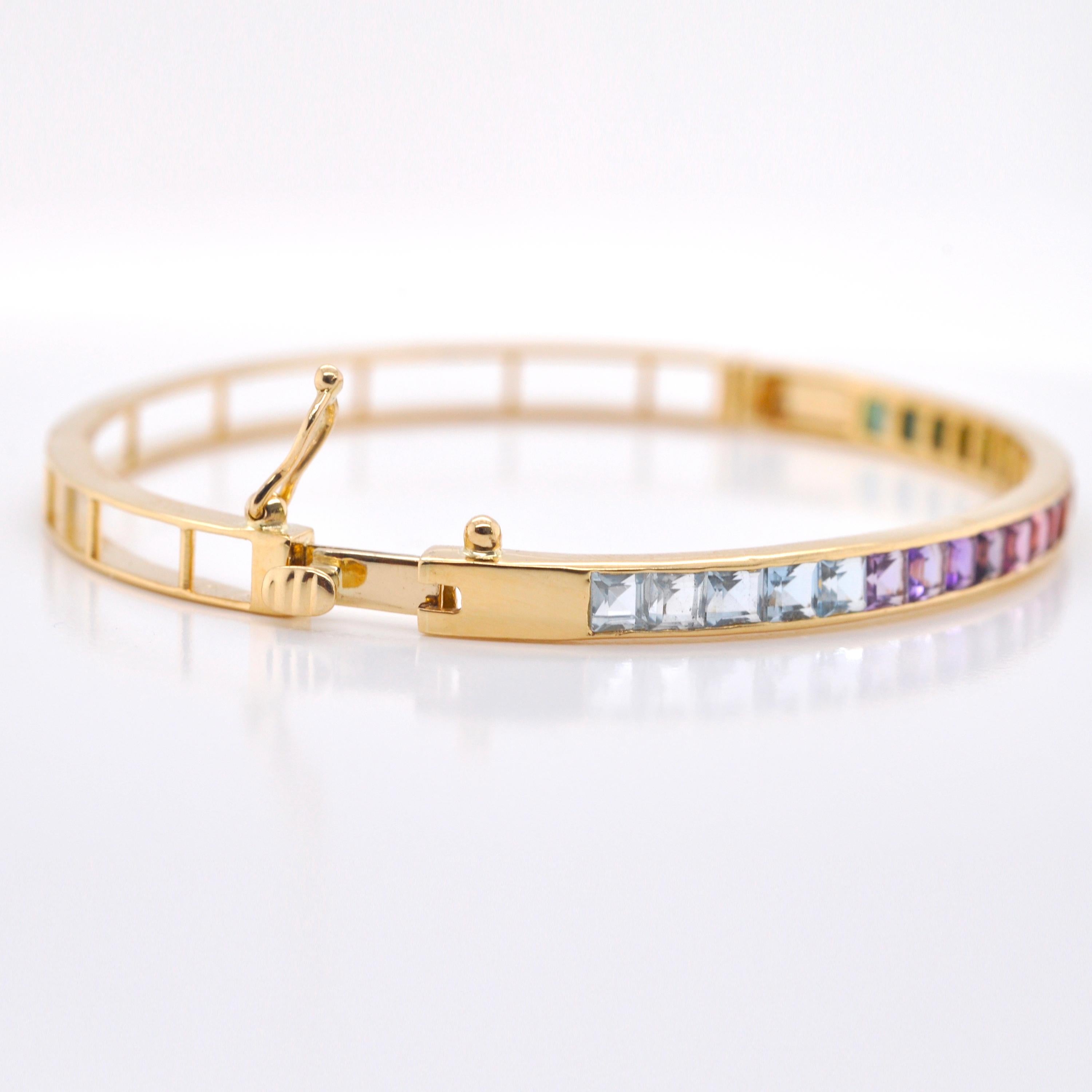 Women's 18 Karat Yellow Gold 3MM Square Channel-set Multicolor Rainbow Gemstone Bracelet For Sale