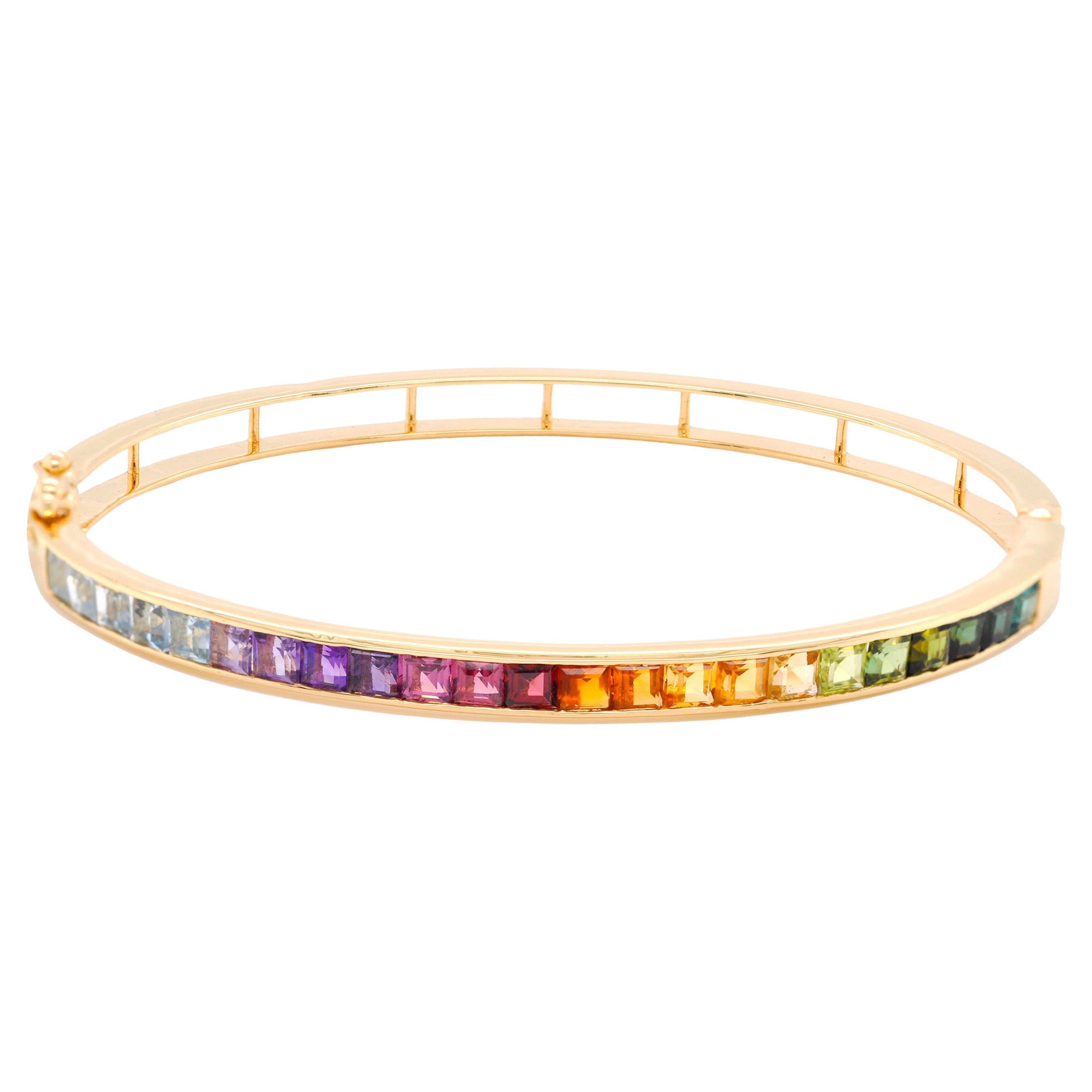 18 Karat Gelbgold 3MM Quadratisches, quadratisches, mehrfarbiges, Regenbogen-Edelsteinarmband mit Kanalfassung