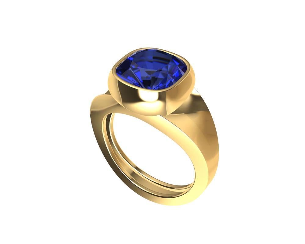 For Sale:  18 Karat Yellow Gold 4.0 Carat Vivid Cushion Cut Blue Sapphire Sculpture Ring 4