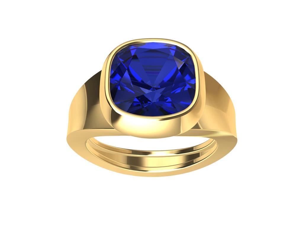 For Sale:  18 Karat Yellow Gold 4.0 Carat Vivid Cushion Cut Blue Sapphire Sculpture Ring 5