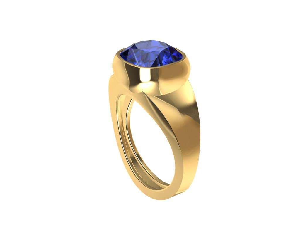 For Sale:  18 Karat Yellow Gold 4.0 Carat Vivid Cushion Cut Blue Sapphire Sculpture Ring 6
