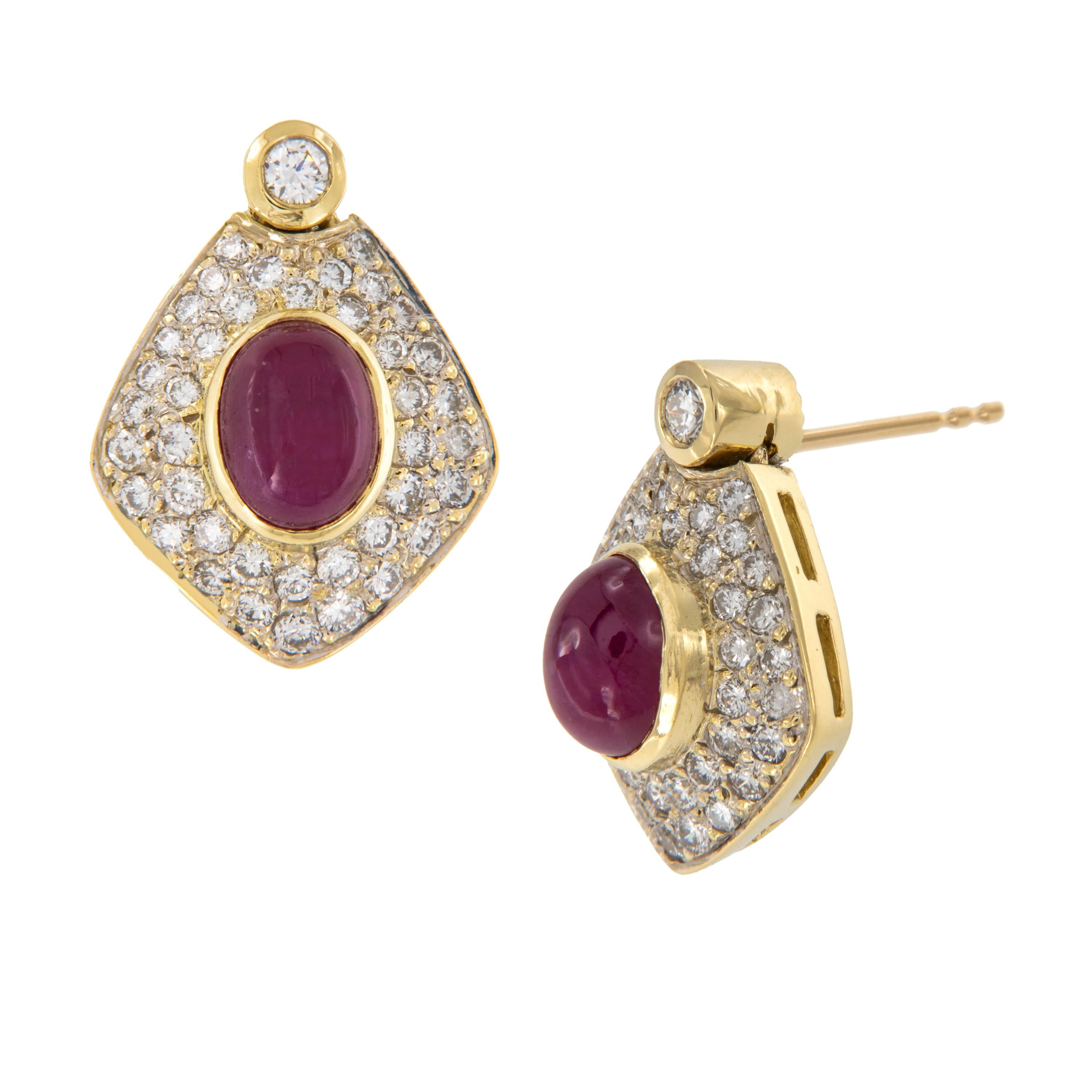 Contemporary 18 Karat Yellow Gold 4.00 Cttw est. Ruby and 1.35 Cttw est. Diamond Earrings For Sale