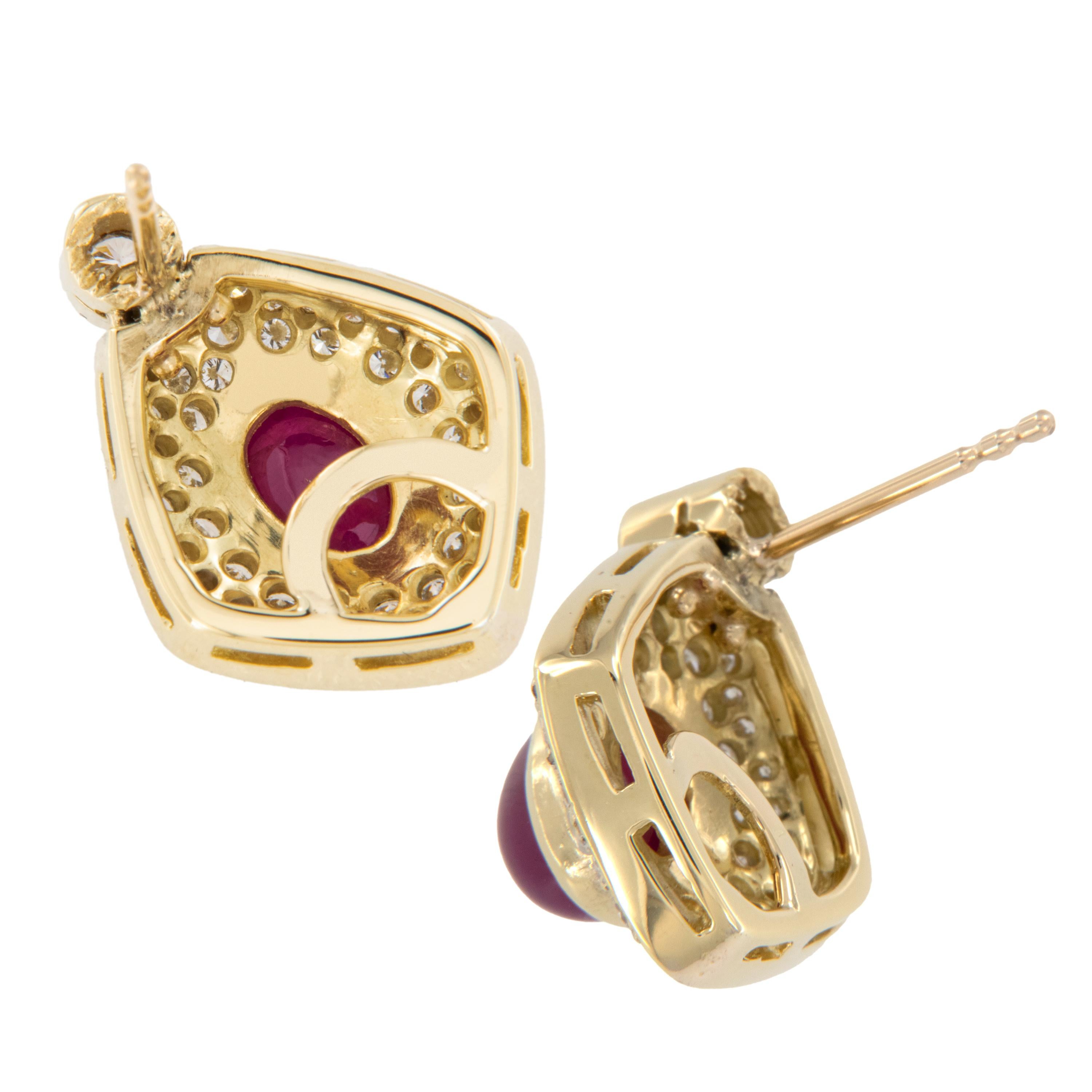 Cabochon 18 Karat Yellow Gold 4.00 Cttw est. Ruby and 1.35 Cttw est. Diamond Earrings For Sale
