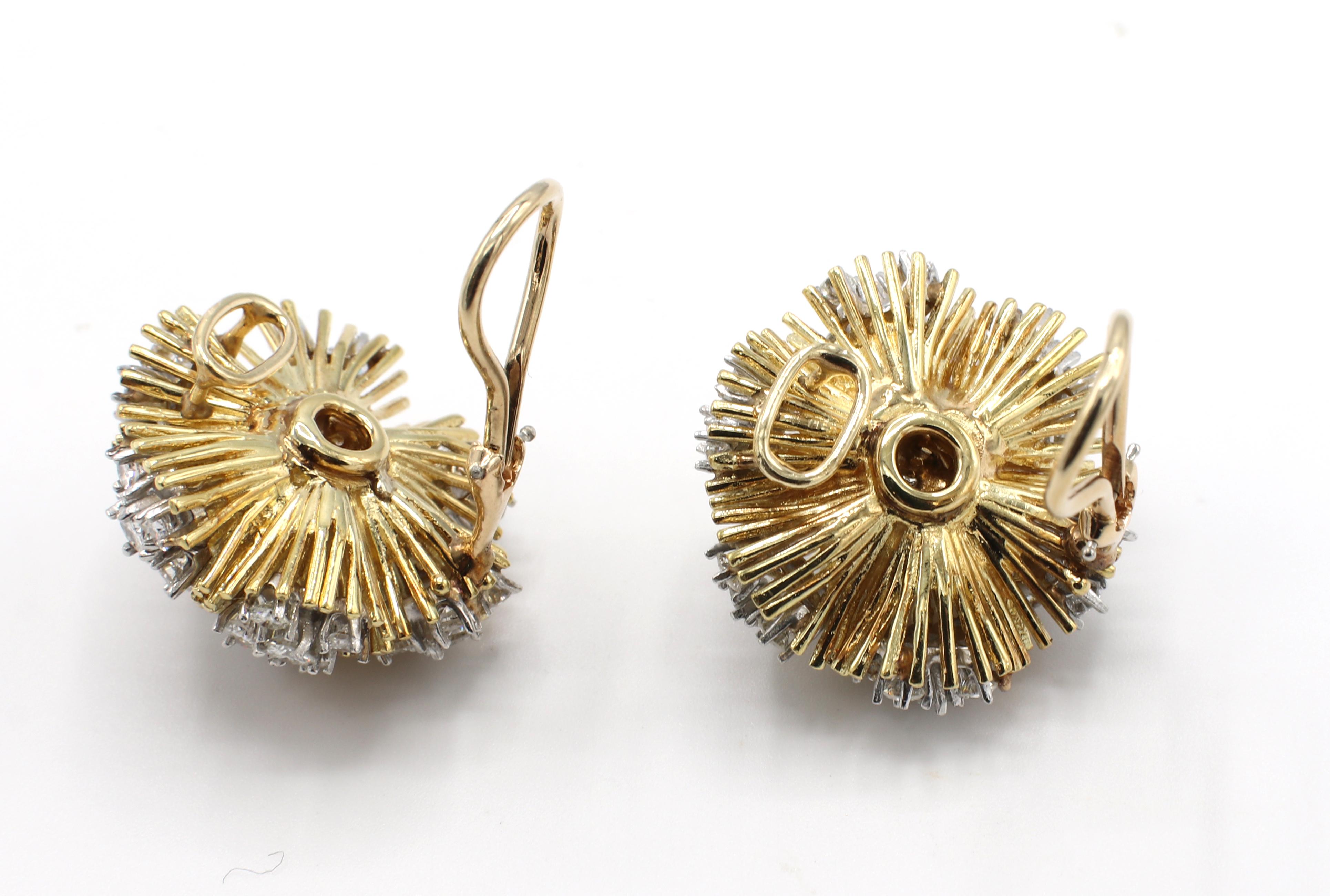 Retro 18 Karat Yellow Gold 4.50 Carat Diamond Dome Cluster Earrings