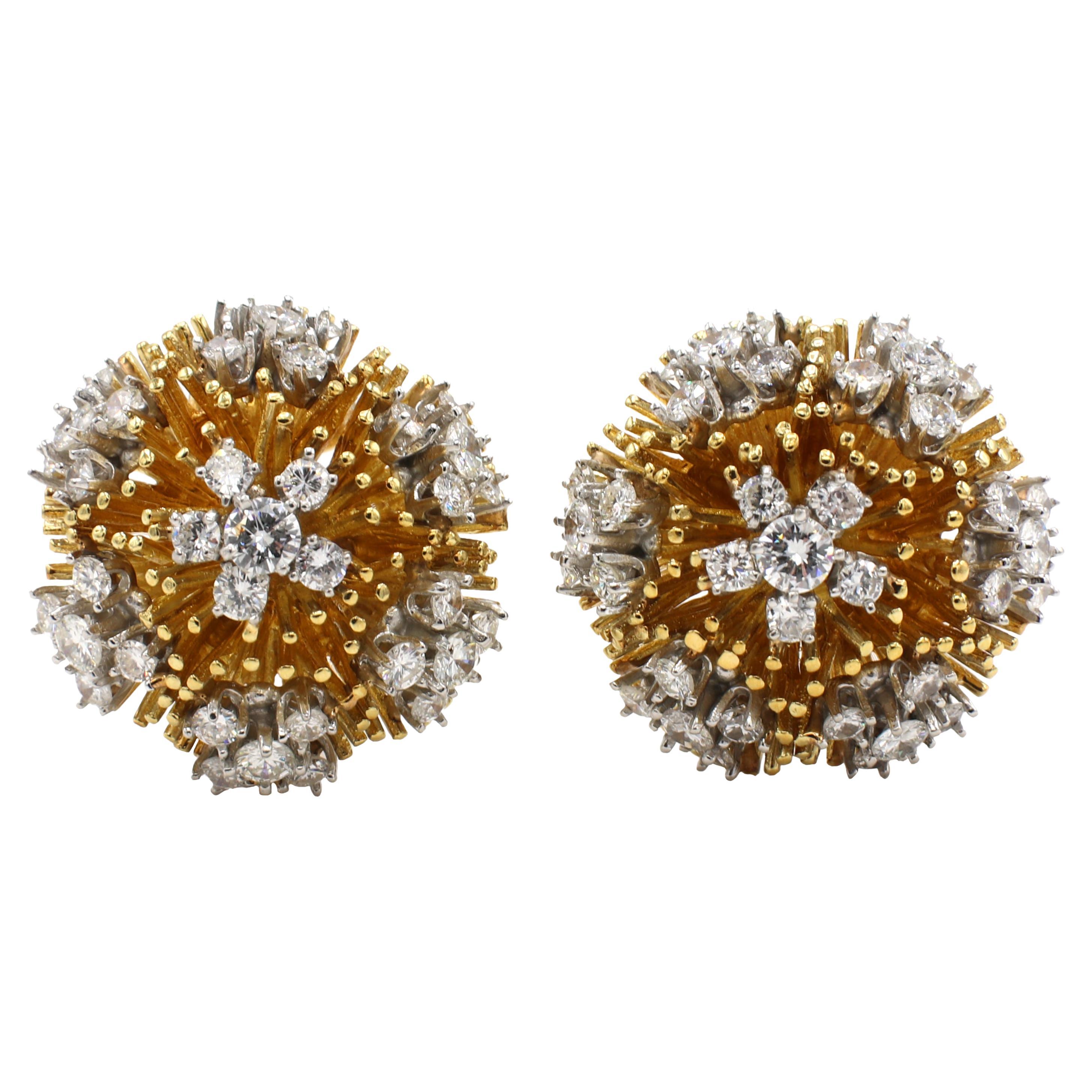 18 Karat Yellow Gold 4.50 Carat Diamond Dome Cluster Earrings