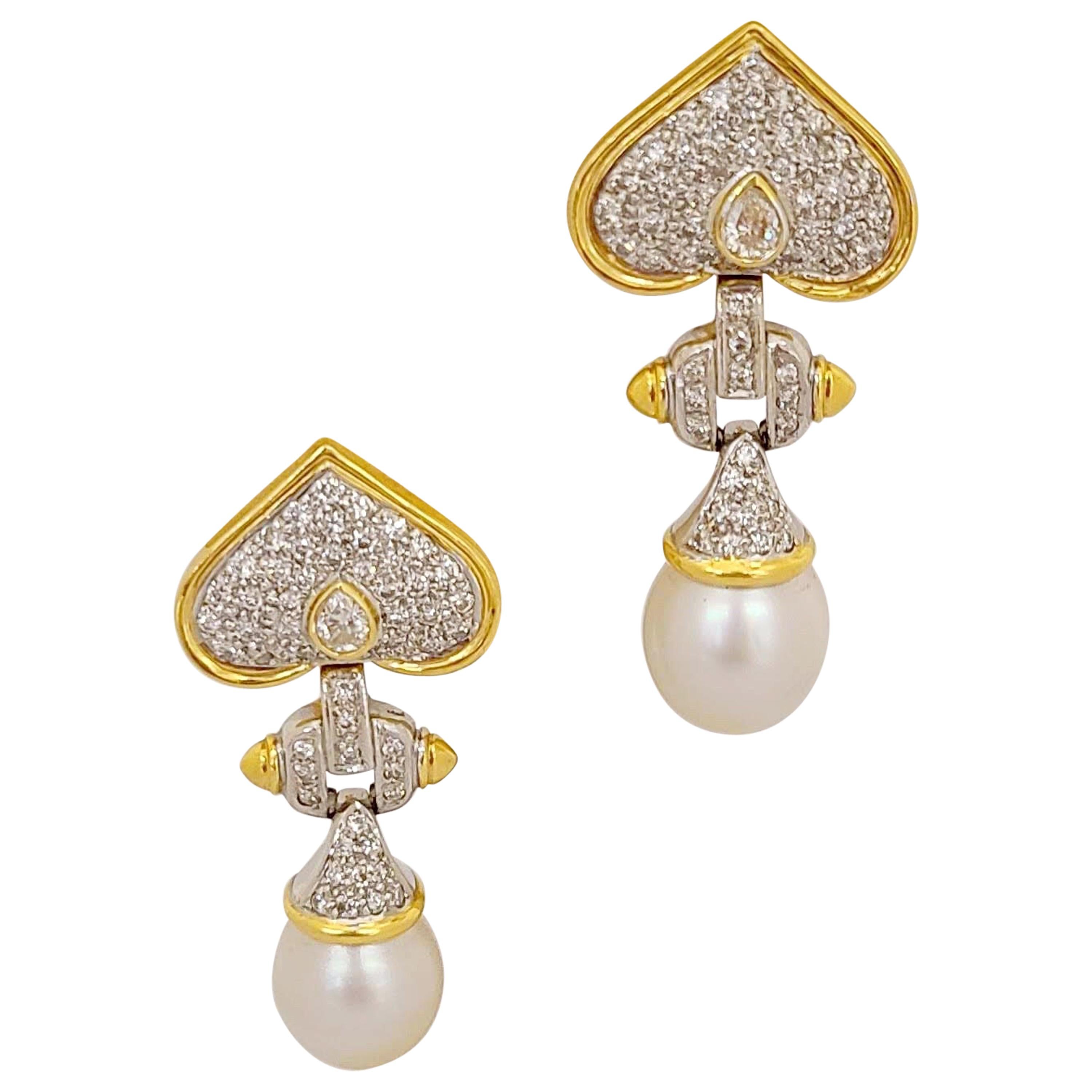 18 Karat Yellow Gold, 4.94 Carat Diamond and South Sea Pearl Hanging Earrings For Sale
