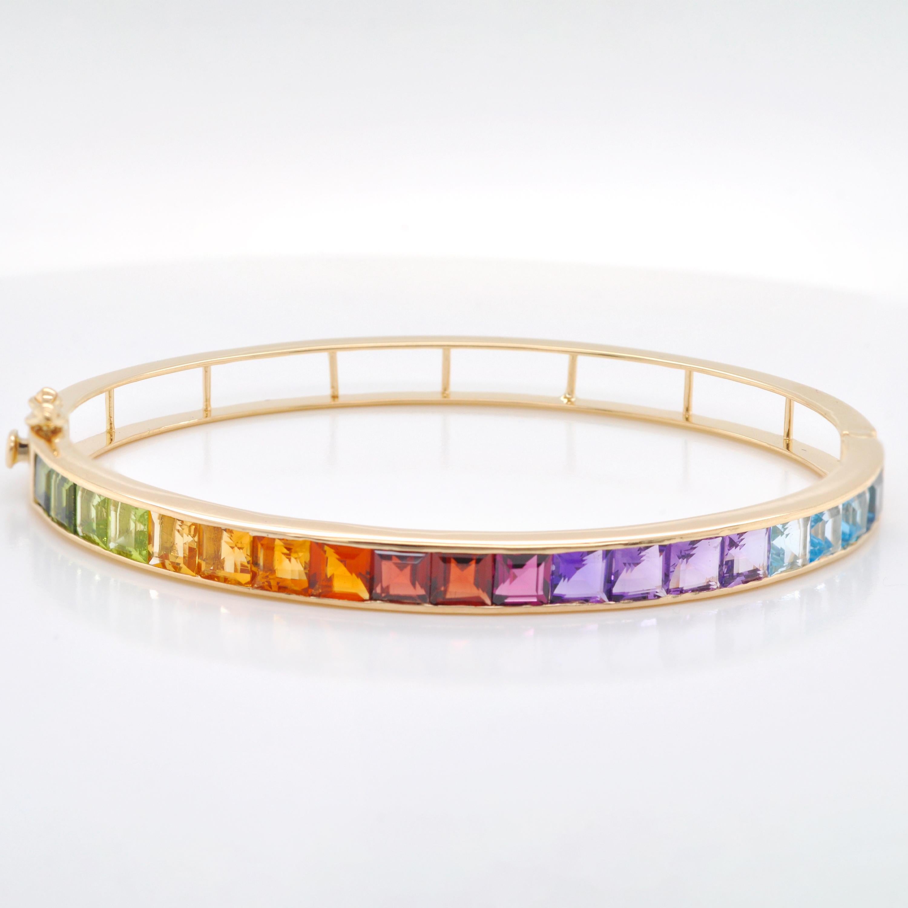 Square Cut 18 Karat Yellow Gold 4MM Square Channel-set Multicolor Rainbow Gemstone Bracelet For Sale