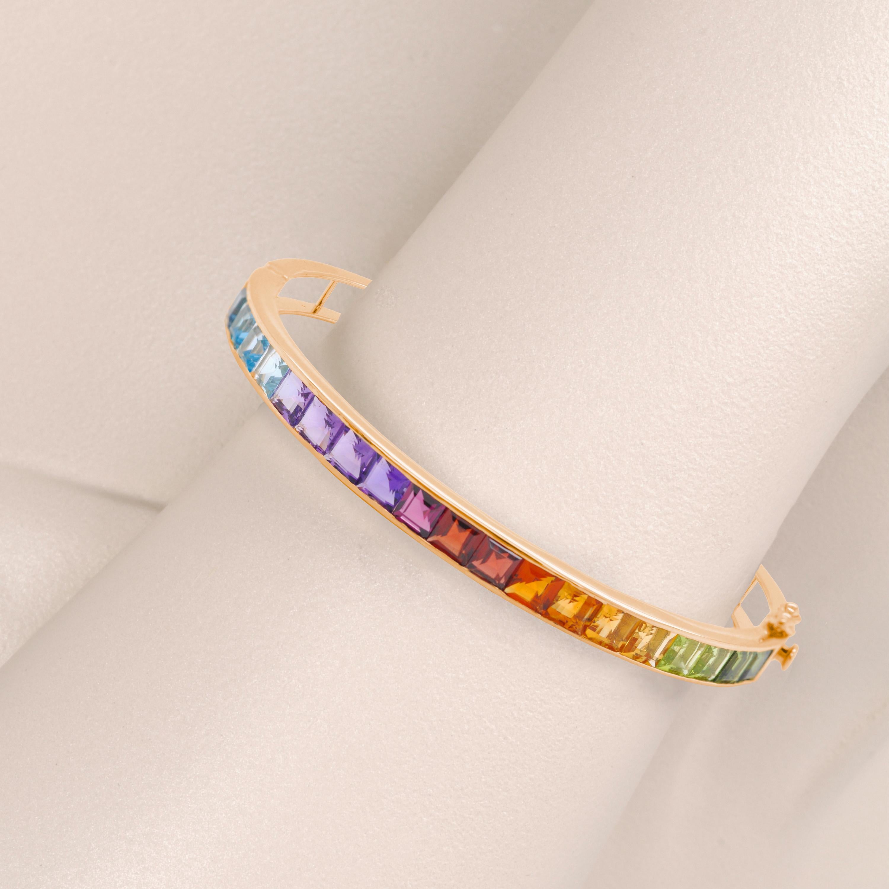 18 Karat Yellow Gold 4MM Square Channel-set Multicolor Rainbow Gemstone Bracelet In New Condition For Sale In Jaipur, Rajasthan