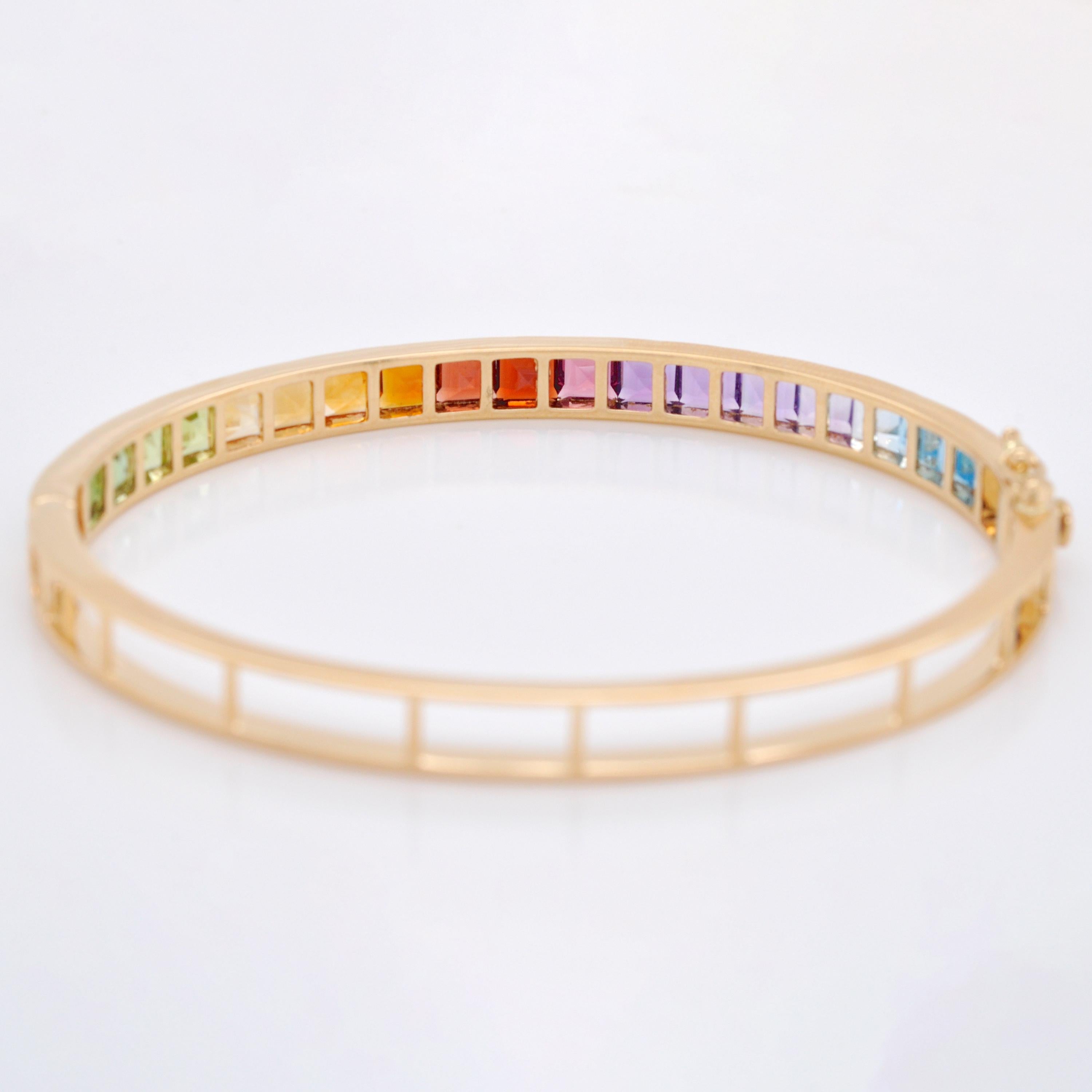 Women's 18 Karat Yellow Gold 4MM Square Channel-set Multicolor Rainbow Gemstone Bracelet For Sale