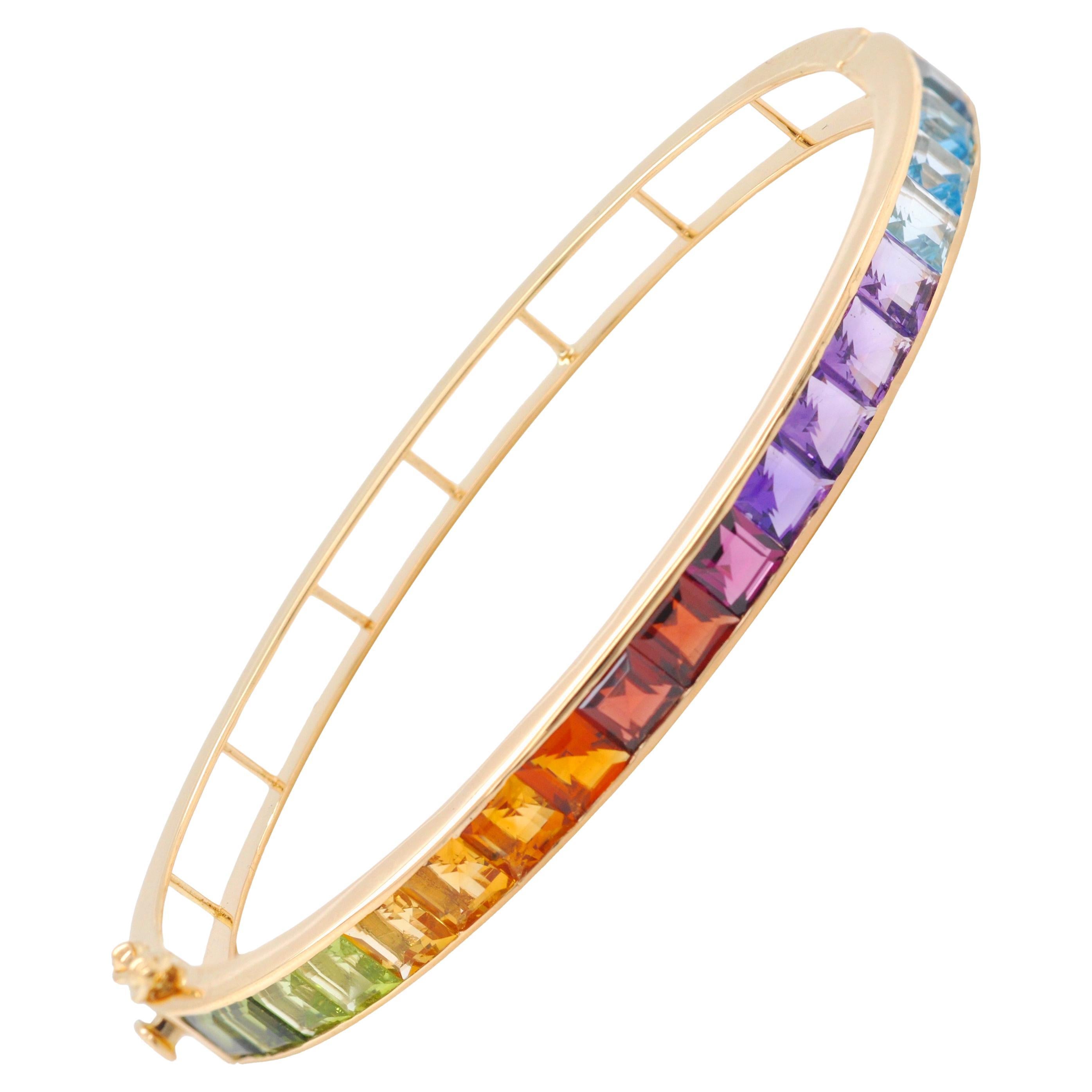 18 Karat Yellow Gold 4MM Square Channel-set Multicolor Rainbow Gemstone Bracelet For Sale