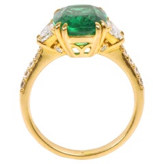 Cushion Cut Emerald and Diamond Solitaire Engagement Ring 5.06 CTW 18K Gold
