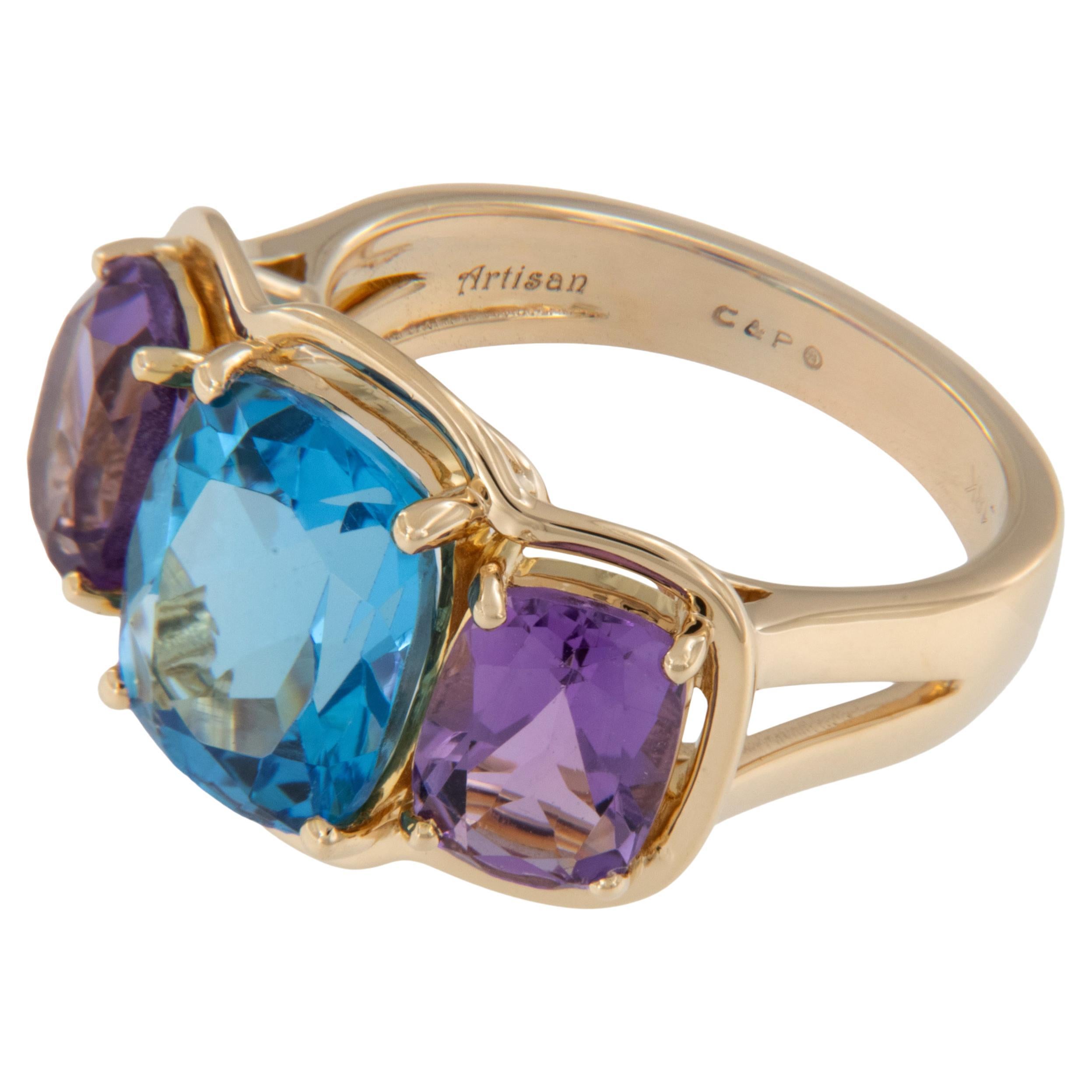 18 Karat Yellow Gold 5.29 Carat Blue Topaz and 2.89 Cttw Amethyst Ring For Sale