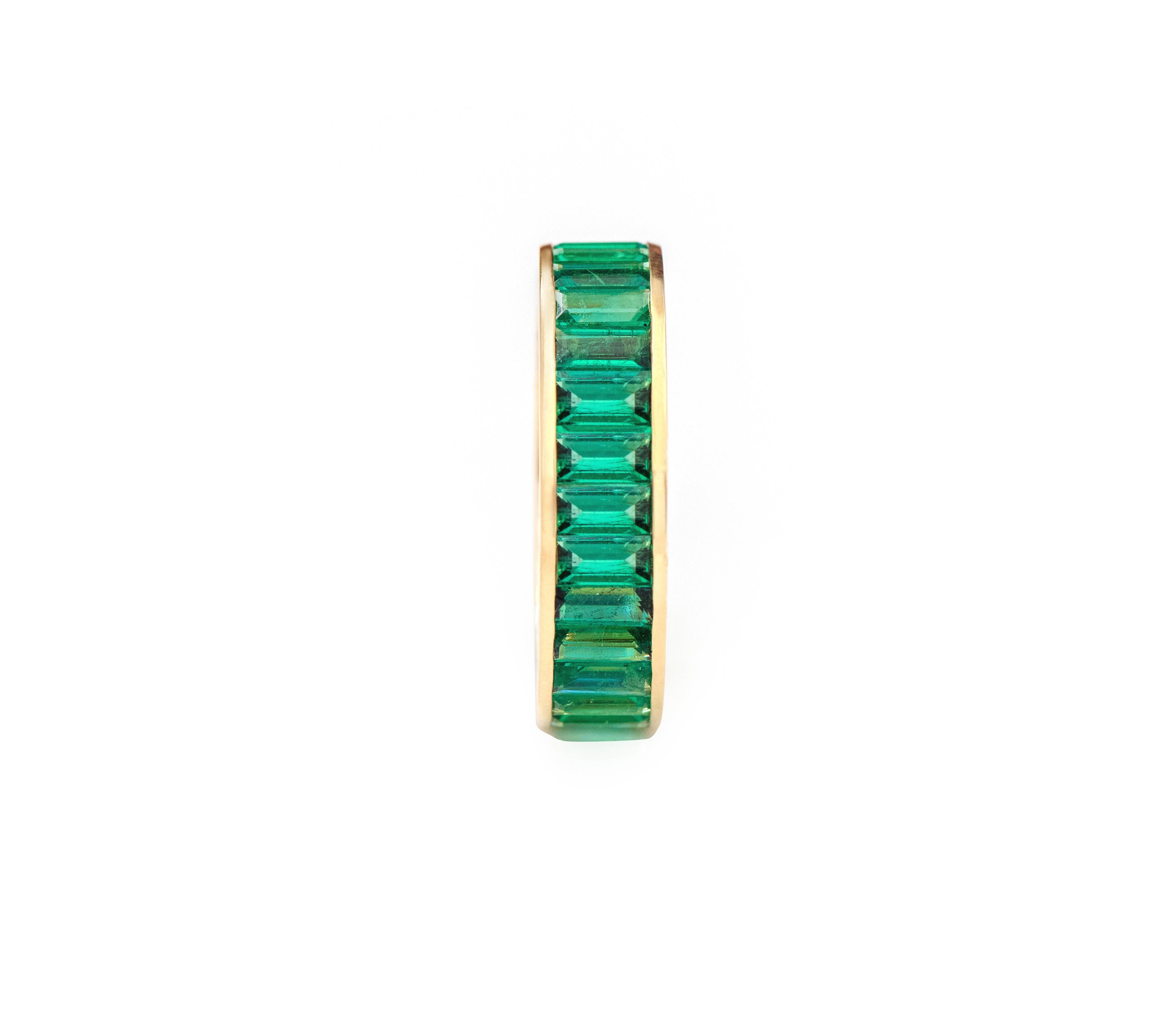 Emerald Cut 18 Karat Yellow Gold 5.39 Carat Baguette-Cut Natural Emerald Eternity Band Ring For Sale