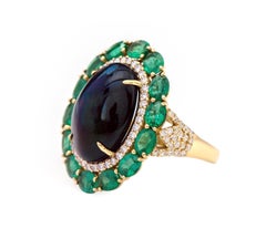 18 Karat Yellow Gold 5.57 Opal, Diamond, and Emerald Cluster Cocktail Ring