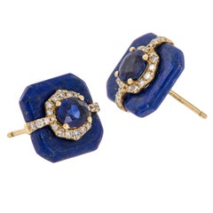 18 Karat Yellow Gold 5.63 Ct. Lapis 1.04 Ct Sapphire and Diamond Stud Earrings