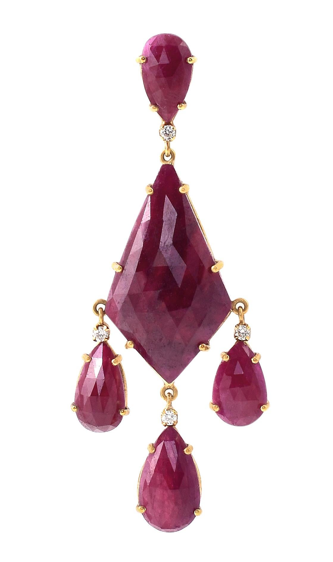 Victorian 18 Karat Yellow Gold 59.98 Carat Ruby and Diamond Cocktail Dangle Earrings For Sale