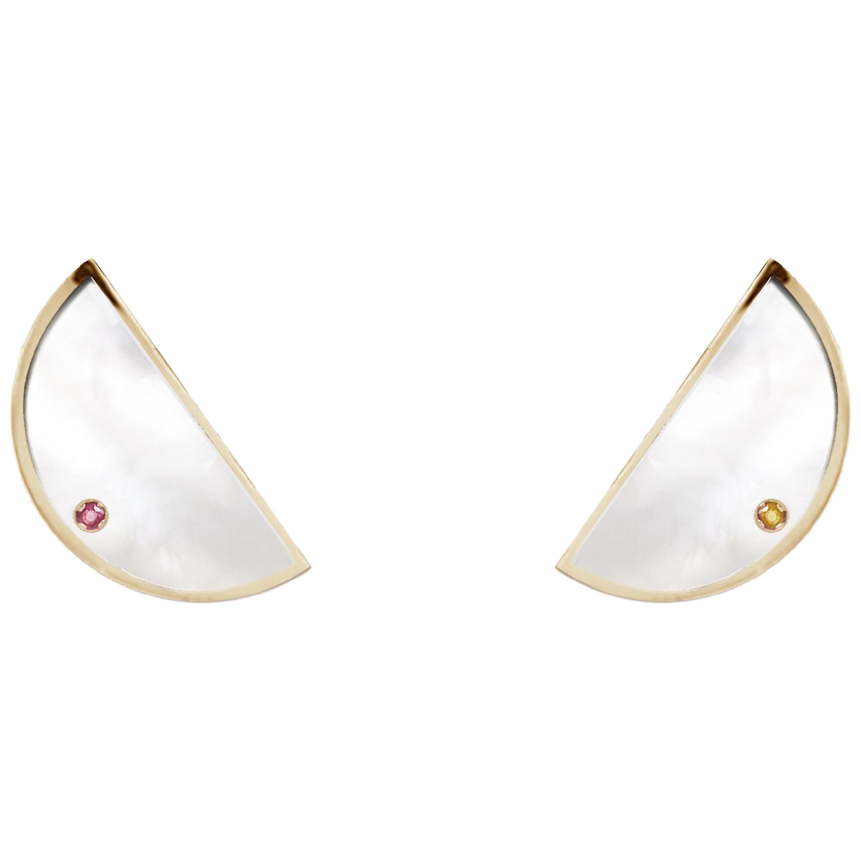 18 Karat Yellow Gold (5gr),  Mother of Pearl and sapphires Half moon Earrings