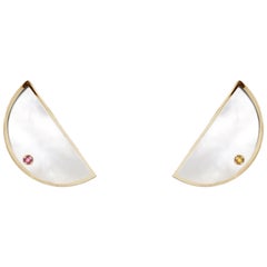 18 Karat Yellow Gold (5gr),  Mother of Pearl and sapphires Half moon Earrings