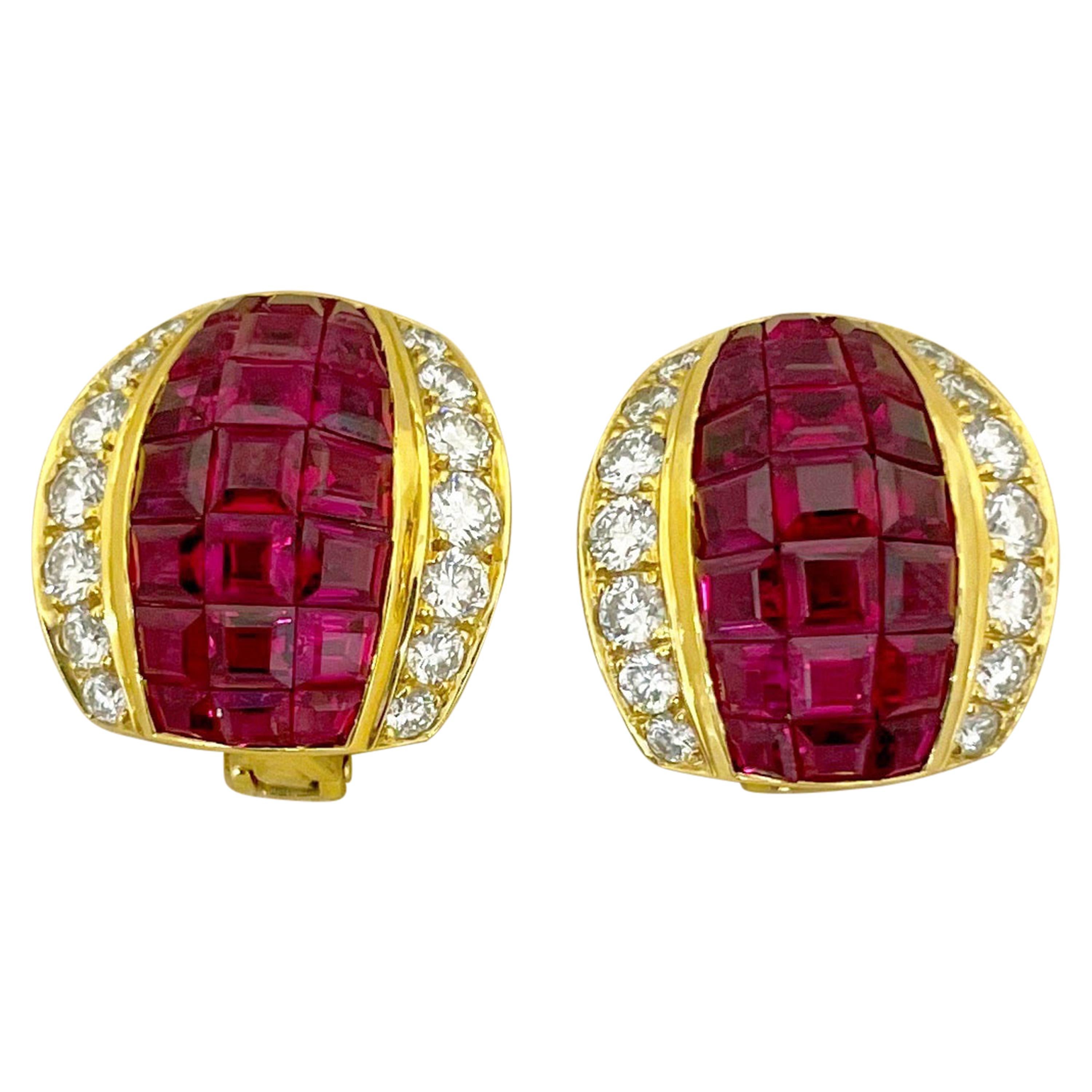 18 Karat Yellow Gold 6.00 Carat Ruby 1.42 Carat Diamond Earrings For Sale