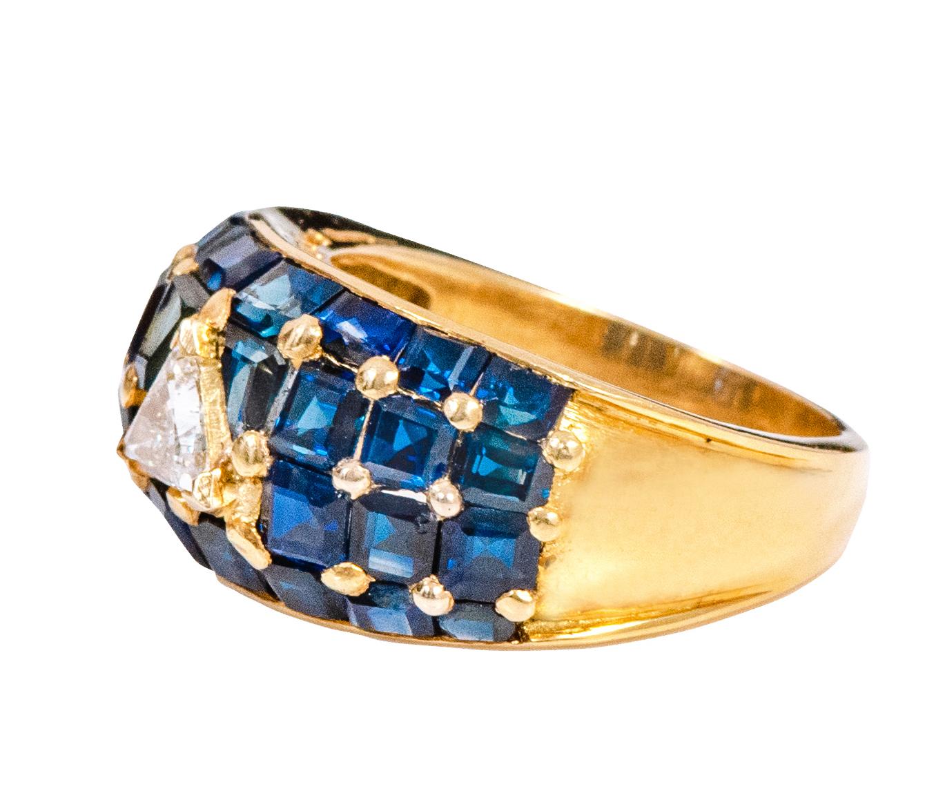 Trillion Cut 18 Karat Yellow Gold 6.20 Carat Diamond and Sapphire Statement Ring For Sale