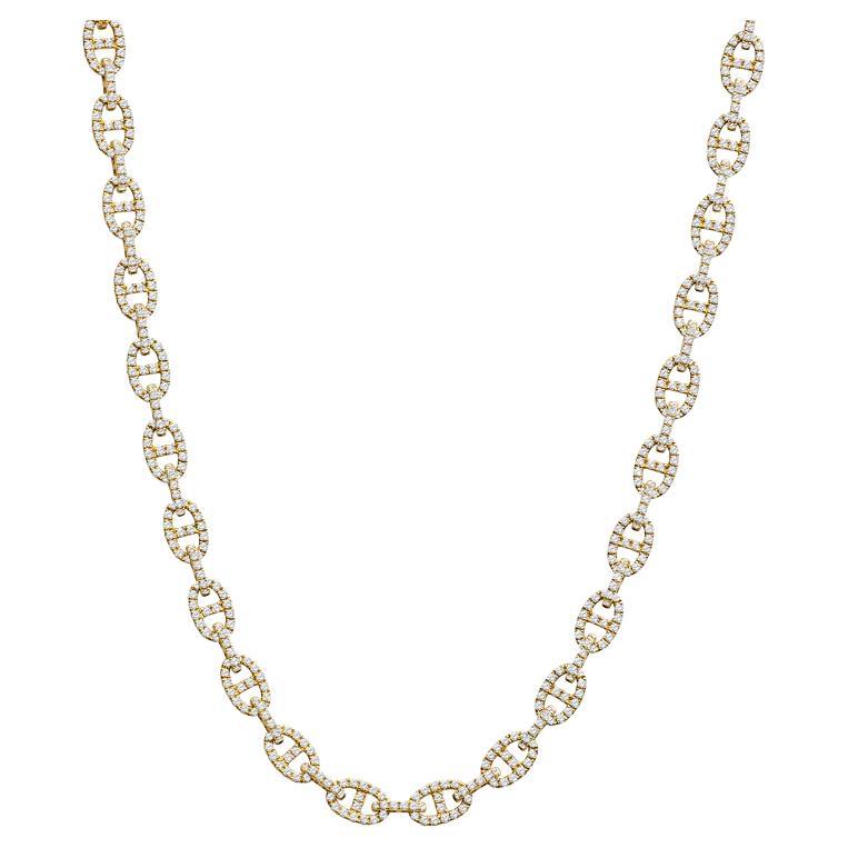 18 Karat Yellow Gold 6.22 Carat Total Weight Round Diamond Link Necklace For Sale