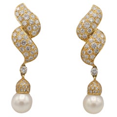 18 Karat Yellow Gold 6.30 Carat Natural Diamond & Pearl Dangle Drop Earrings 